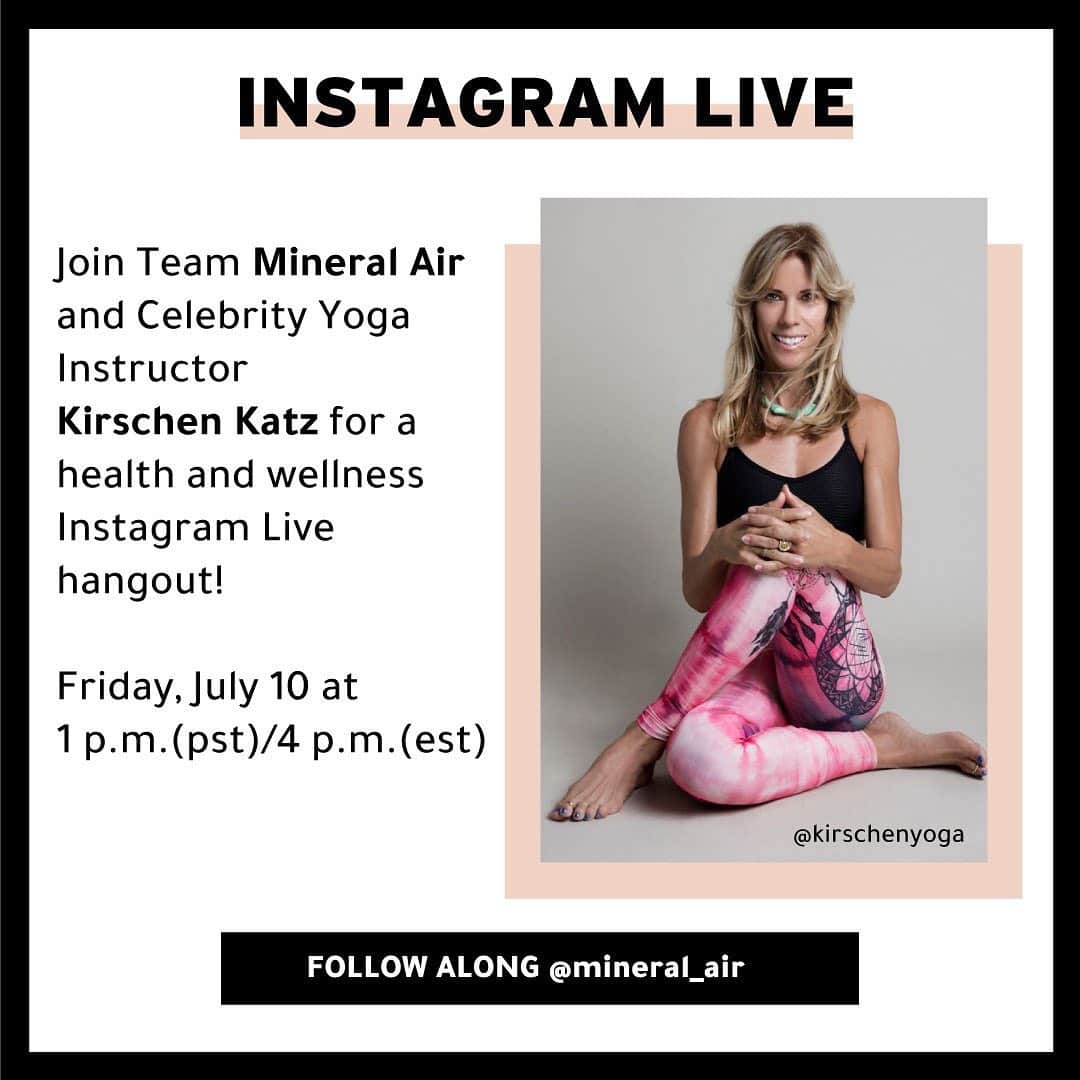 Mineral Airさんのインスタグラム写真 - (Mineral AirInstagram)「Tune in this Friday at 1pm PST for our next Instagram Live with celebrity yoga instructor @kirschenyoga! We’ll be discussing Kirschen’s professional tips on de-stressing during quarantine and how she likes to use Mineral Air Skin in her routine. Grab your Renewal Serum System, some chocolate (you’ll find out why later) and tune in this Friday!⁠⠀」7月9日 2時09分 - mineral_air