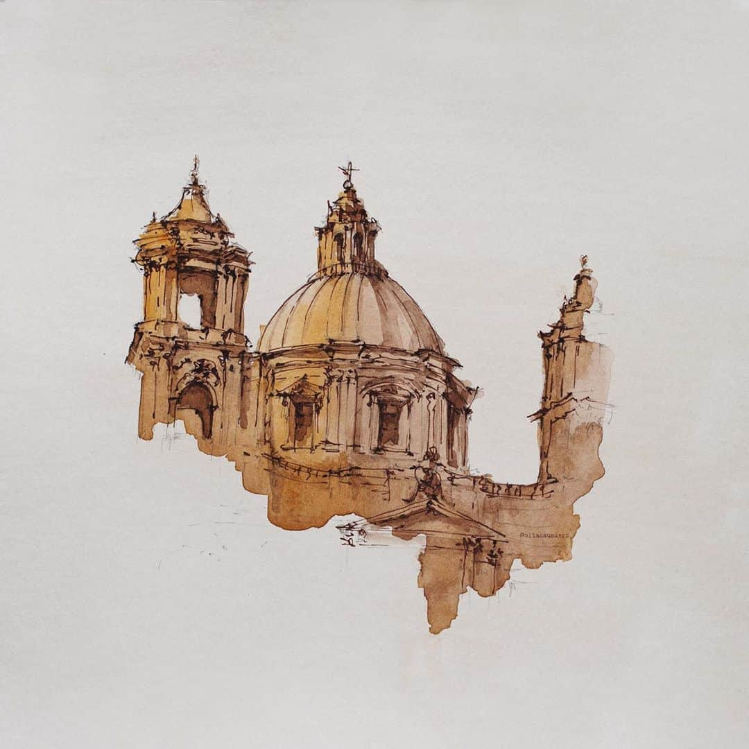 PSNYさんのインスタグラム写真 - (PSNYInstagram)「I did a detailed drawing of this church in Rome (you can see it in my stories) but then I got scared to ruin it with watercolor, so I decided to do a quick sketch first 😏」7月9日 2時41分 - oliasaunders