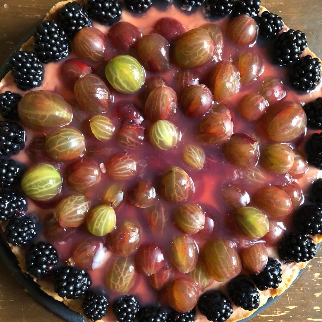 日登美さんのインスタグラム写真 - (日登美Instagram)「Homemade Brombeere und Stachelbeere Torte 🧁  Our favorite berries on top ✨😍  イチゴの旬が過ぎてもまだまだ大好きなベリーの季節。 今日はブラックベリーにスグリでタルトを。赤スグリやラズベリーなどなど色々あるから組み合わせも自在まだまだ続くタルトの季節！豆乳のカスタードクリームをたっぷりと。  ちなみにこれじゃあっと言う間に無くなるんで、も一つ直径30cmのチョコレートケーキも焼いてあります😂💪😳  #homemade #cake #tart #berries #season #happy #berlin #food #hitomisküche #フルーツタルト #ベリーの季節 #ドイツ暮らし #手作りお菓子 #ベルリン」7月8日 20時21分 - hitomihigashi_b