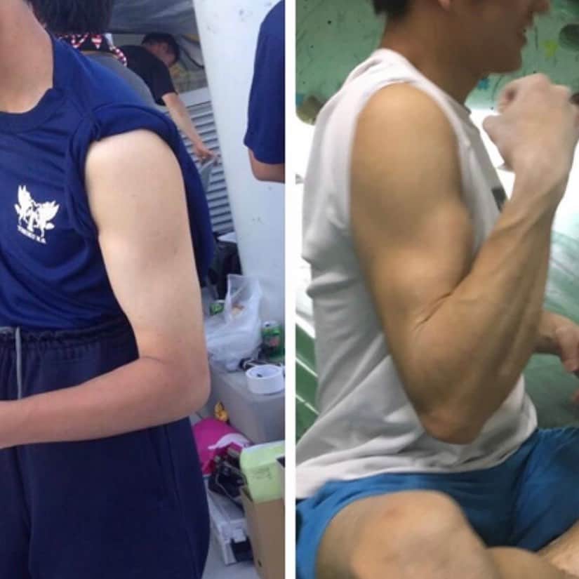 長澤青空のインスタグラム：「凄い懐かしい高校1年生(左)と高校3年生(右) 50キロと57キロくらいだと思うけど筋トレとクライミングでここまでボディメイク出来たから身体だけじゃなくて人生も変わったと思ってる。筋肉最高💪 #筋トレ #ボルダリング #bouldering #クライミング #筋肉 #climbing #成長 #今はデブ #帰ってこい全盛期 #目指せ全盛期 #まじ皆頑張ろう #ボディメイク #とても辛かった #けど楽しかった気がする #インTはファッション #若気の至り」