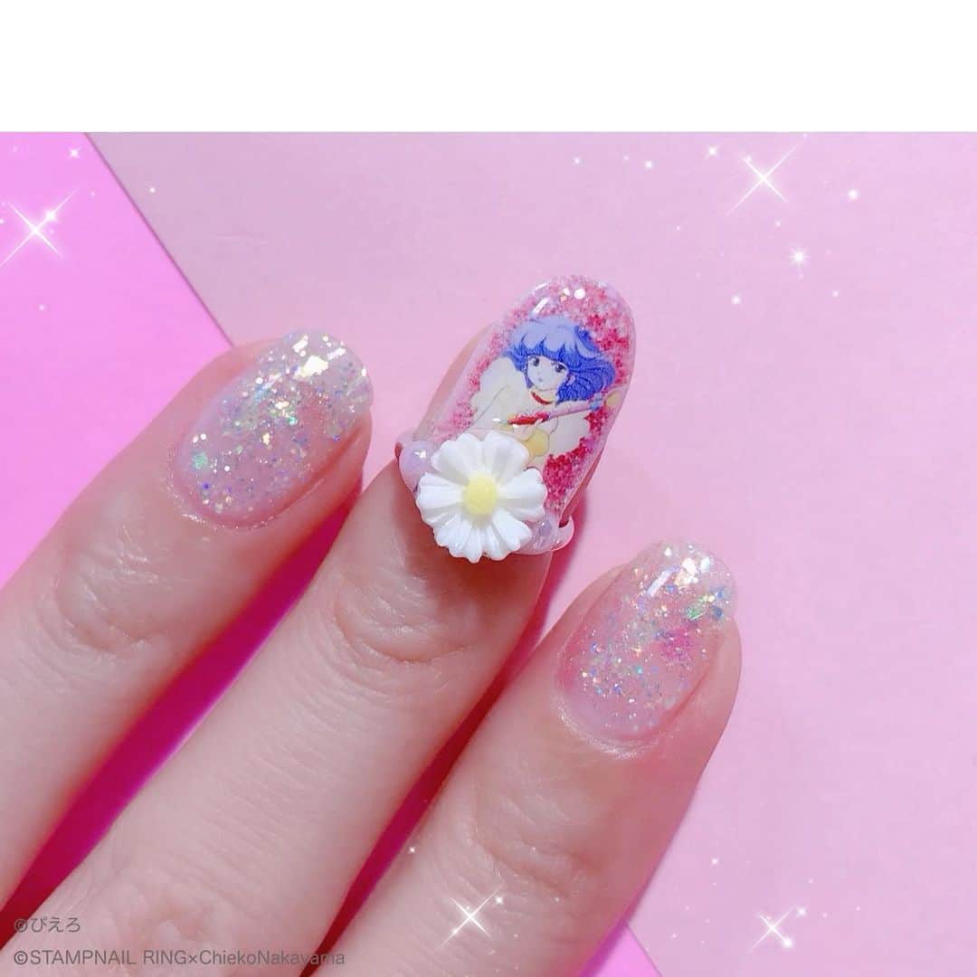 なかやまちえこのインスタグラム：「本日より、クリィミーマミちゃんコラボの @stampnailring #ハンドメイド ネイルリング が販売になります💍✨⠀⠀ ⠀  こちらはマミちゃんをプリントしたリングです。マミちゃん大好きな方はぜひ🥰✨⠀  ご購入は @stampnailring  のプロフィールから販売サイトに飛んでいただくか、ストーリーから飛べます☺️☺️☺️⠀ ⠀  #リングネイル は指先に #リング をはめていただくのみの取り外し簡単に爪先のオシャレを楽しめる商品です✨⠀ #スタンピングネイルリング のアカウントのストーリーハイライトのところからショッピングサイトに飛べます！⠀ 全て手作りのため数に限りがございます✨⠀ #nail #nails #nailart #ネイル #美甲 #ネイルアート  #japanesenailart #manucure #japanesenails #manicurist #gelnails #أظافر #네일아트 #vẽmóng #ngườiđẹp  #เพ้นท์เล็บ #искусствоногтя #artedeuñas #เพ้นท์เล็บเจล #ジェルネイルデザイン #ネイルデザイン #senikuku #nagelkunst #ゆめかわネイル #オーロラネイル #ゆめかわいい ⠀ ・意匠登録済（デザイン特許）STAMPNAIL ・実用新案登録済（使い方特許）STAMPNAIL⠀ ・スタジオぴえろに監修をしていただいておりますので、リングのケースに証紙が付いております。」