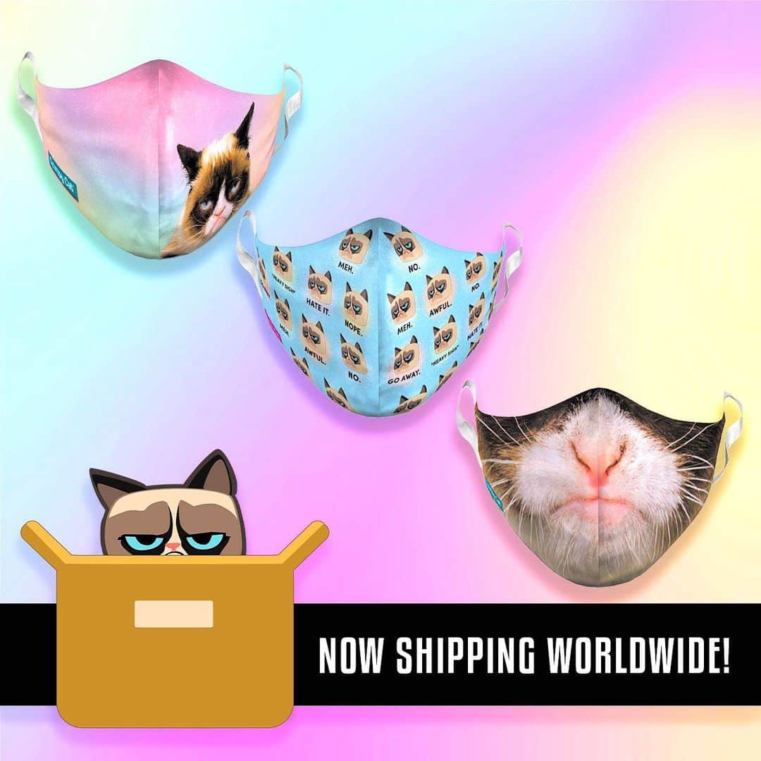 Grumpy Catさんのインスタグラム写真 - (Grumpy CatInstagram)「NOW SHIPPING WORLDWIDE 🌎!!! Official Grumpy Cat protective face coverings! Designed for comfort and convenience, these non-medical masks are reusable & machine-wash friendly. Designed for maximum comfort with a dual layer construction featuring a non-medical protective outer polyester shell & a super soft cotton interior lining.  Available in Adult Large, Adult Small, and Youth sizes to ensure the perfect fit. Get yours here: https://grumpy.cat/FaceCoverings (Link in Bio)  #grumpycat #facemask #facecover #facecovering #facecoverings」7月9日 3時56分 - realgrumpycat
