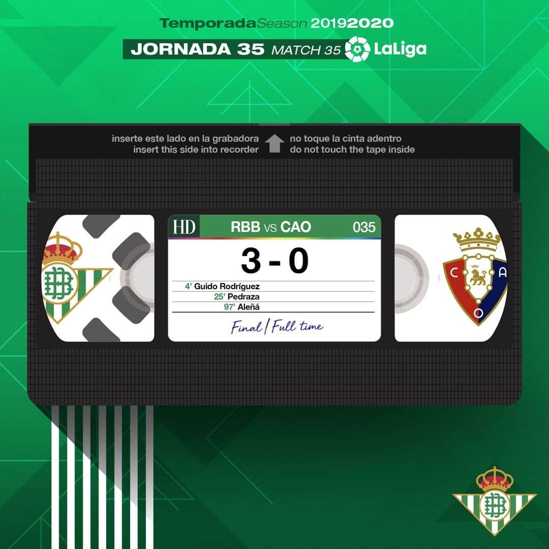 レアル・ベティスさんのインスタグラム写真 - (レアル・ベティスInstagram)「97’ ⏱⚽ ¡Final del partido en el Benito Villamarín! -- 97’ ⏱⚽ Full time!!  💚⚪ #RealBetisOsasuna 3-0 🔴🔵  #DíaDeBetis」7月9日 5時32分 - realbetisbalompie