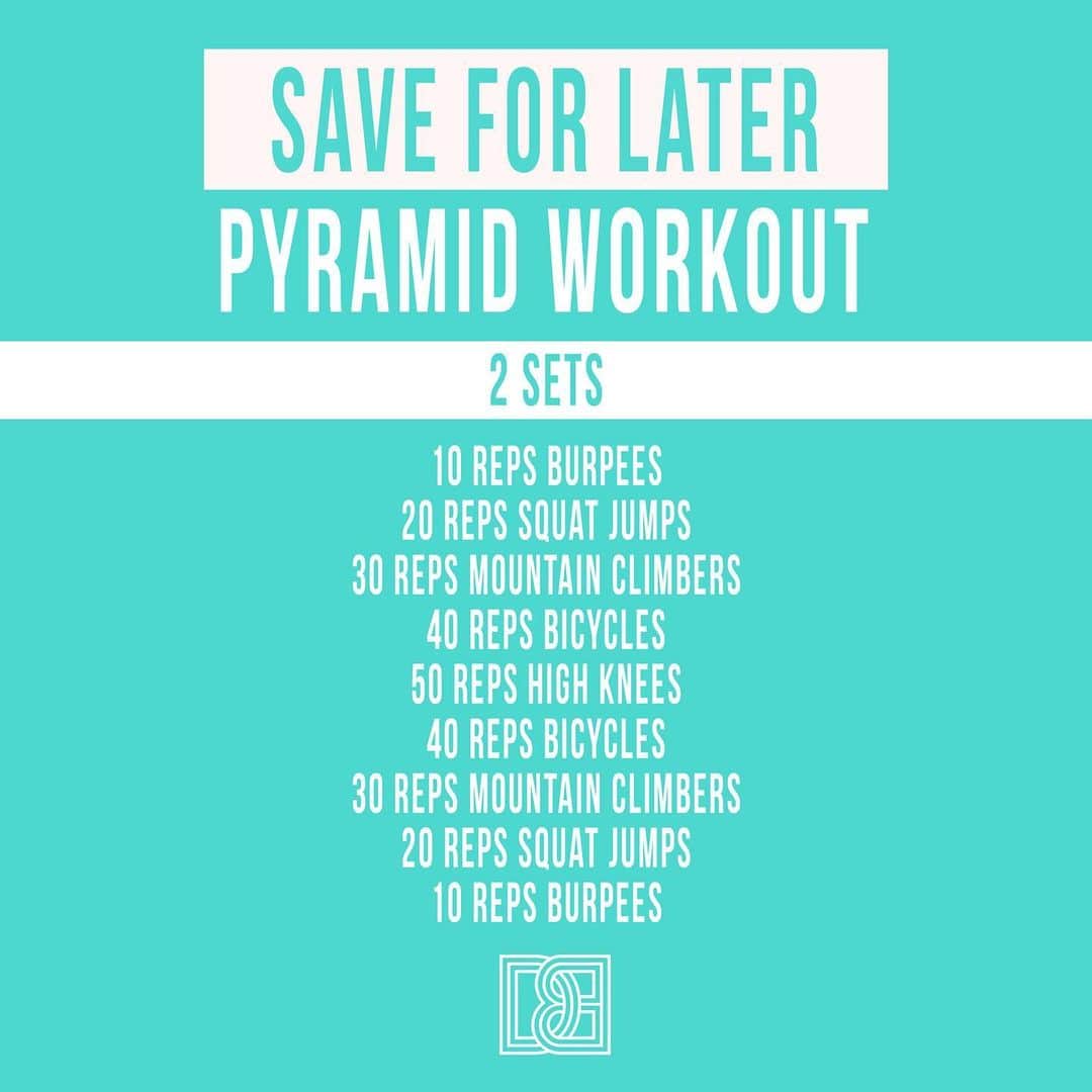 Danielle Robertsonさんのインスタグラム写真 - (Danielle RobertsonInstagram)「PYRAMID WORKOUT!   Make sure to give this workout some love and save for later! Now let’s get ready to SWEAT! A pyramid workout is set out like a pyramid meaning it larger at the bottom and smaller at the top. This training format progressively decreases repetitions with each exercise. There is minimal to no rest between exercises for this workout, go at your own pace but try to push yourself to get this session done as quickly as possible without compromising technique. This is a fun, effective and challenging workout! Give it a try and let me know how you go!   WORKOUT   2 SETS   10 x Burpees 20 x Squat Jumps 30 x Mountain Climbers  40 x Bicycles  50 x High Knees  40 x Bicycles  30 x Mountain Climbers  20 x Squat Jumps  10 x Burpees」7月9日 5時50分 - dannibelle