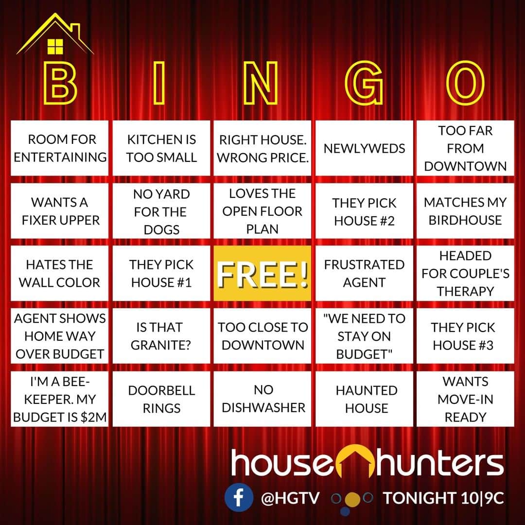 HGTVさんのインスタグラム写真 - (HGTVInstagram)「It's the game you've been waiting forever to play!⁠ ⁠ Watch #HouseHunters while you join digital host @peppermintfatty on our Facebook page (@HGTV) to play House Hunters Bingo...tonight at 10|9c.」7月24日 6時30分 - hgtv