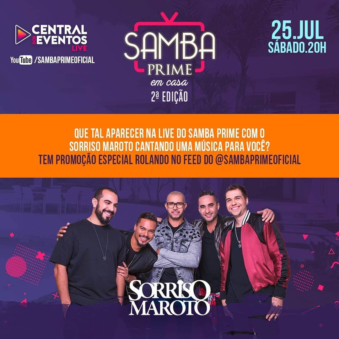 Sorriso Marotoのインスタグラム：「Pense aí.. 🤔 Você lá curtindo a gente neste sábado na Live do @sambaprimeoficial e sua foto aparecendo no telão ao som de uma música nossa que você escolheu!  Aí é onda, hein!? 😀 Corre pra saber como participar no Insta do @sambaprimeoficial #SambaPrime #SorrisoMaroto @bcbrunocardoso @eusergiojr @crisjog @vinisorriso @frd.silva」