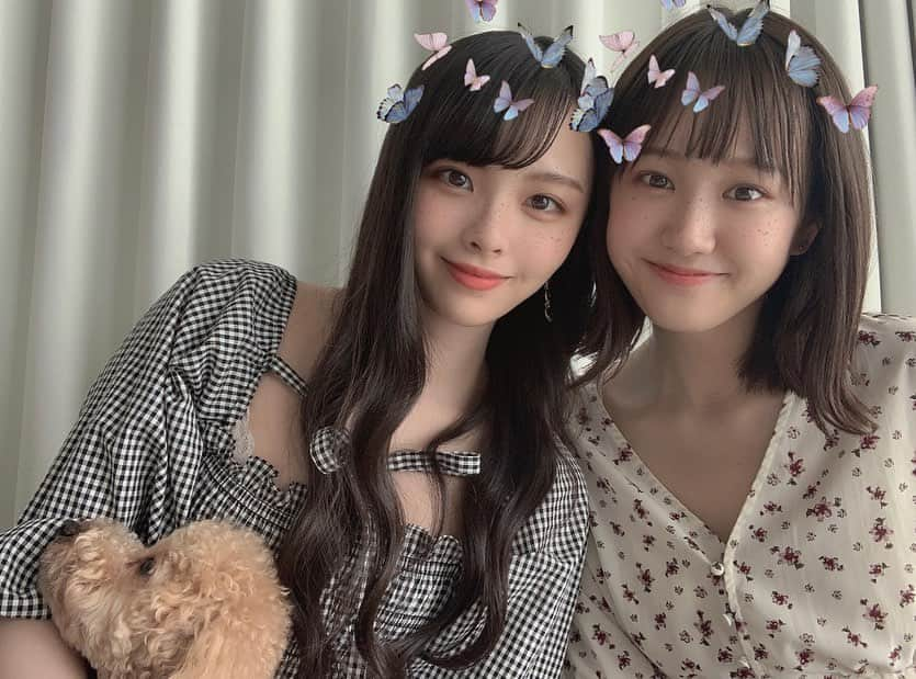 尾碕真花さんのインスタグラム写真 - (尾碕真花Instagram)「. . . この前、ゆりなと色んなフィルターで撮影会しました☺︎ . 流行りの蝶やチェリーを生やしてみました。🤣 . そしてロコちゃんがカメラを見てくれない。🐶 . #photo #picture」7月23日 21時45分 - ichika_osaki_official