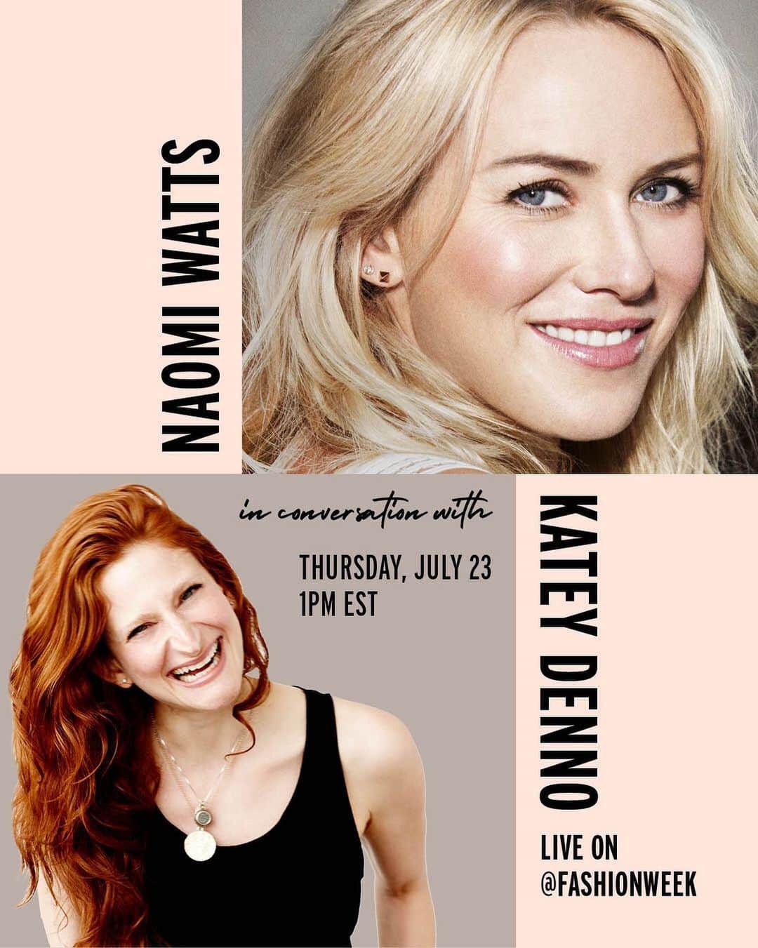 Fashion Weekのインスタグラム：「Set your reminder! @naomiwatts and celebrity makeup artist @kateydenno are LIVE on @fashionweek today, 7/23, at 1pm EST. Tune in as they discuss 'going green' with your beauty routine and answer your questions!」