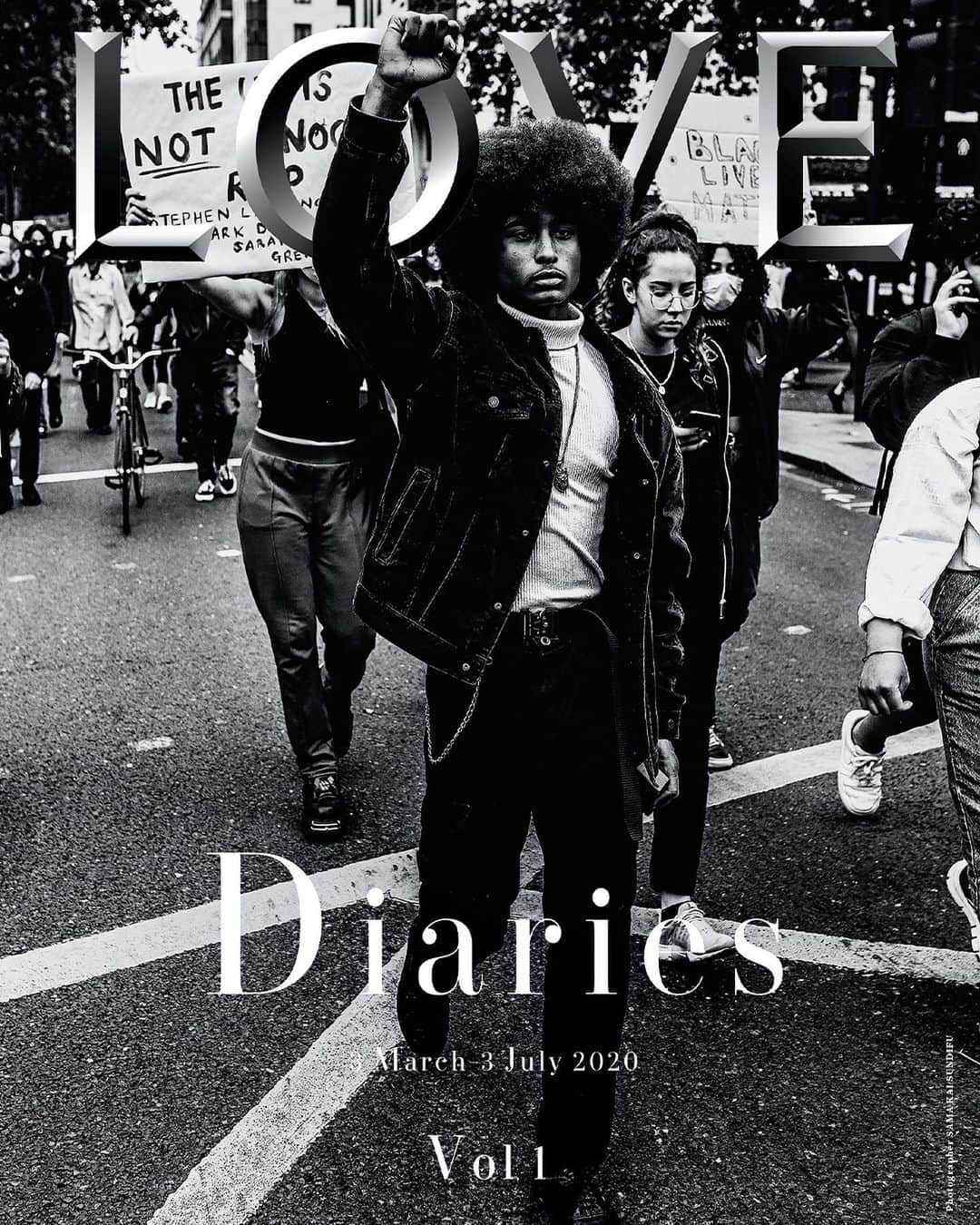 のインスタグラム：「During an anti-racism protest in London, a striking photo of @marleyjames_b.d, captured by @official_kaicapture, fist in the air, became a powerful symbol of all his and his peers’ demands. He is one of many presentative of a tenacious youth for whom change must happen now. “As a collective community, we’ve been fighting for years, and we have a responsibility to make it the last fight. My generation should be the last people to do any of this,” says the #LOVEDiaries cover star. “I remember someone putting on a poster something along the lines of ‘This is the last generation you’ll mess with.’ I really and truly believe that. This is the generation that will make a change,” says photographer, Sama Kai.    #LOVEDiaries will hit newsstands on 3rd August 🗞   Photographer @official_kaicapture  Writers @pam_boy @meemeewhite」
