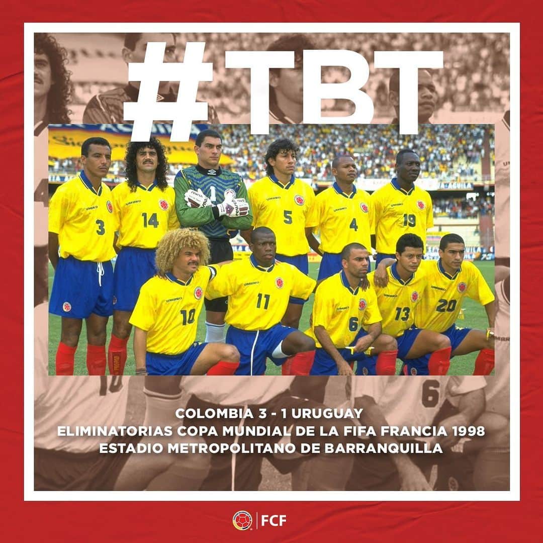 サッカー コロンビア代表チームのインスタグラム：「⌛Regresamos en el tiempo #TBT⌛  🇨🇴 3⃣-1⃣🇺🇾 🏆 Eliminatorias al Mundial de Francia 1998 📅 7 de julio 1996 🏟 Metropolitano de Barranquilla ⚽ @eltinoasprilla , @pibevalderramap , y Antony de Ávila.」
