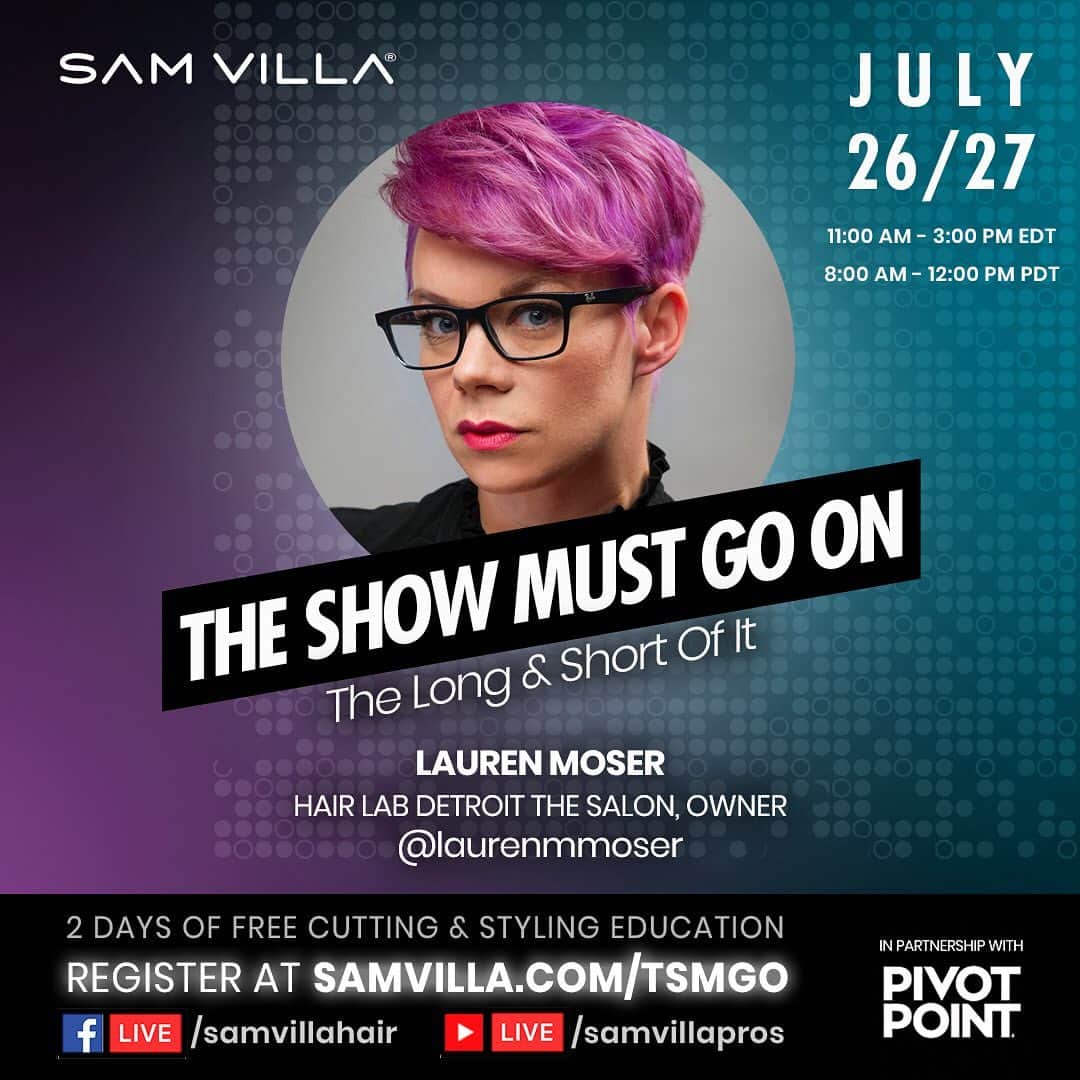 Sam Villaさんのインスタグラム写真 - (Sam VillaInstagram)「We're back with 2 days of LIVE education with #SamVilla, the #SamVillaArTeam ( @andrew.carruthers, @annas_hair_retreat, @jesse.linares) and special guests Rodrick Samuels ( @rodricksamuels ), Lauren Moser ( @laurenmmoser ) and Evie Johnson ( @contactevie ). Layering, styling and finishing longer hair continues to be a growing request in our clientele, but how do you keep it fresh, artistic, and exciting for both you and the guest in your chair. In contrast, short hair from bobs to super tight crops challenge us to create interesting silhouettes that fit with our salon guest's lifestyle, personality, hair type, and face shape. Discover more about all of these topics and get interactive this weekend during the Show Must Go On 2 — The Short and Long Of It. #SamVillaLive #SamVillaEducation  Register for event notifications through the link in bio AND be automatically entered into our giveaway for a FREE virtual class with someone from the SV ArTeam!」7月24日 0時32分 - samvillahair
