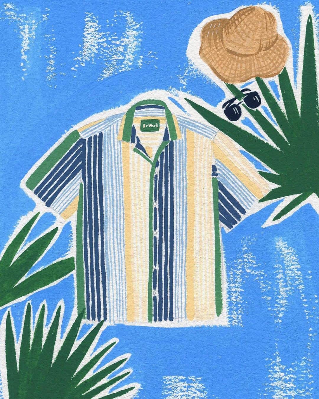 のインスタグラム：「Our Multi-Colored Cotton Awning Stripe camp shirt, artfully reimagined by New York-based illustrator @emilyaoot This shirt and more are now 30% off for our summer sale, hat and sun glasses not included 😉」