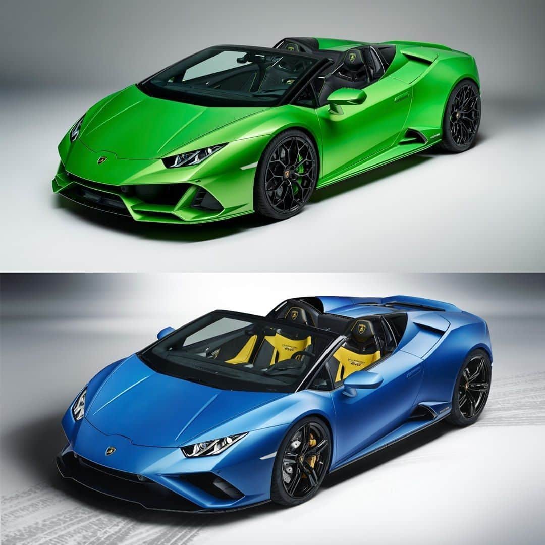 ランボルギーニのインスタグラム：「Lines that create a Super Sports Car help define our individuality.   While the Huracán EVO Spyder and Huracán EVO RWD Spyder are masterpieces in their own right, they both offer a unique driving pleasure and sense of freedom that comes with driving a Lamborghini. Which one would you take out for a spin?   #Lamborghini #LamborghiniMosaic #HuracanEVOSpyder #HuracanEVORWDSpyder #EveryDayAmplified #RewindToRWD」