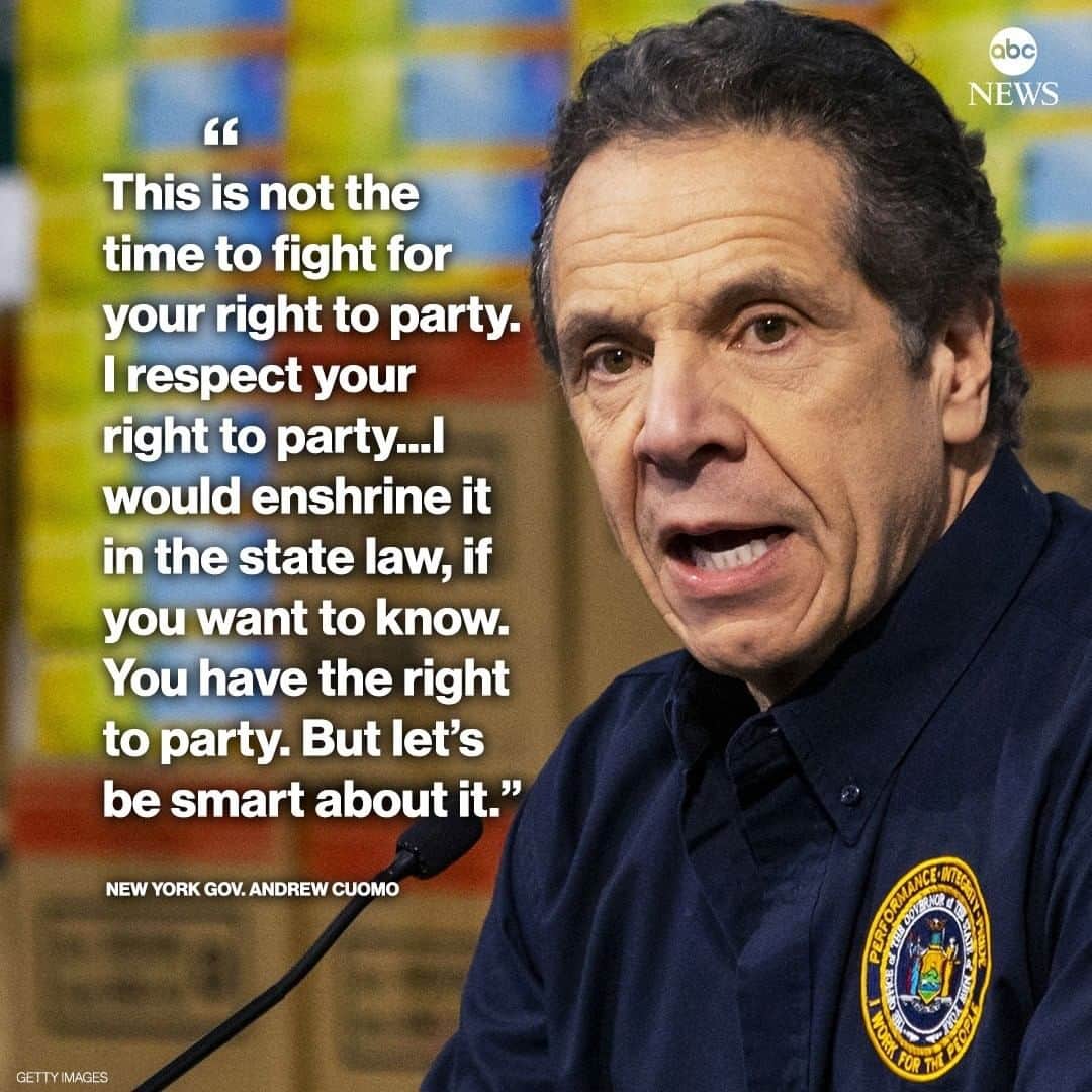 ABC Newsさんのインスタグラム写真 - (ABC NewsInstagram)「Warning of rising COVID rates among younger New Yorkers, Gov. Andrew Cuomo says, "This is not the time to fight for your right to party."  "I respect your right to party...I would enshrine it in the state law, if you want to know. You have the right to party. But let's be smart about it." #andrewcuomo #newyork #covid19 #coronavirus #beastieboys #fightforyourrighttoparty」7月24日 1時05分 - abcnews