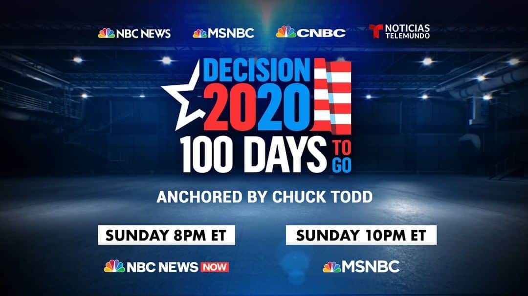 NBC Newsさんのインスタグラム写真 - (NBC NewsInstagram)「Sunday on @NBCNews, @MSNBC, @TelemundoNews and @CNBC:⁠ ⁠ It's time for #Decision2020: 100 Days To Go.⁠ ⁠ Watch streaming on @NBCNewsNow, CNBC.com and NoticiasTelemundo.com at 8 p.m. ET.⁠ ⁠ And @MSNBC at 10 p.m. ET.」7月24日 4時16分 - nbcnews