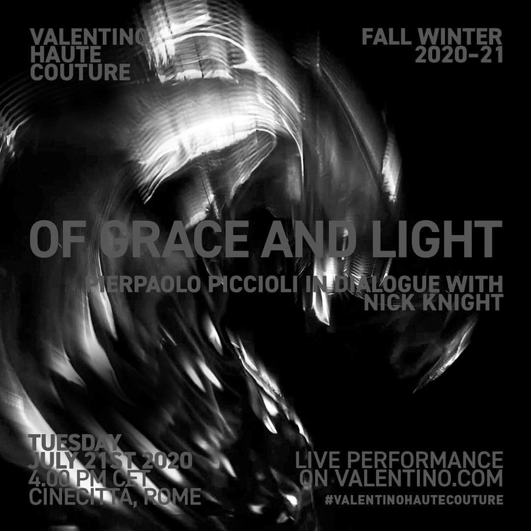 のインスタグラム：「Of Grace And Light  A conversation between Creative Director @pppiccioli and director @nick_knight gives way to “Of Grace and Light,” a live performance to showcase the #ValentinoHauteCouture #FallWinter20 collection. Tune in ‪on Tuesday July 21st at 4:00PM CET‬.」