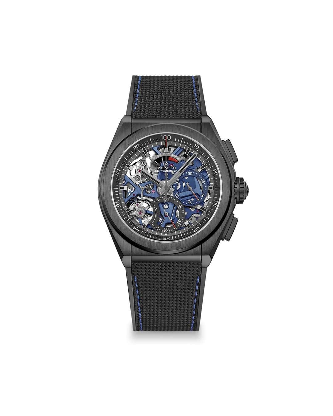 ゼニスのインスタグラム：「#Defy21: A sleek combination of black ceramic and Zenith blue treated 1/100th of a second chronograph movement visible through the open dial on the DEFY 21 Black Ceramic Boutique Edition. Now available on our U.S. online boutique.  #Zenith #ZenithWatches #Watches #Watch #Watchesofinstagram #Watchfam #WatchoftheDay #Luxury #WatchAddict #Watchcollector #Horology #DailyWatch #ElPrimero #Chronograph」