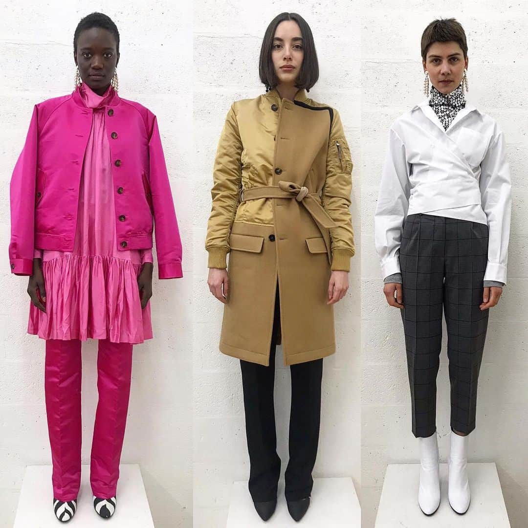 ルッツさんのインスタグラム写真 - (ルッツInstagram)「It’s too hot to even think about autumn clothes, but just in case here’s another preview of what will be in stores soon ..which one’s your fave look? .. a pink #baseballjacket over #pink #pants , a #beige #bomber #panelcoat , a #white #wrapshirt over #wool carrot pants ⚡️ #𝐋𝐕𝐓𝐙 #fallwinter2020 #lutzhuelle」7月9日 13時31分 - lutz_huelle_paris