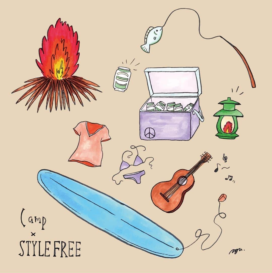 のインスタグラム：「Camp × STYLEFREE﻿⁣ ﻿⁣ 波乗り、音楽、火、キャンプこそスタイルフリーで！﻿⁣ ﻿⁣ ﻿⁣ Illustration by  @cocoloco_aya﻿⁣ ﻿⁣ #アサヒスタイルフリー #スタイルフリー #スタフリ #asahi #stylefree #糖質0 #糖質ゼロ﻿⁣ ﻿⁣ #honey_mag #honeymagazine @honey_magazine﻿⁣ ﻿⁣ #cocoloco_aya﻿⁣ ﻿⁣ #beachart #surfart #beachstyle #ビーチアート #サーフアート #ビーチスタイル」