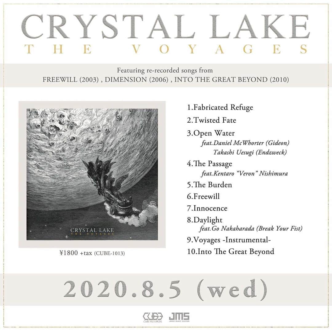 Crystal Lakeのインスタグラム：「2020年8月5日発売の再録アルバム"The Voyages"アートワーク&トラックリスト公開！﻿ ﻿ “The Voyages”﻿ 01. Fabricated Refuge﻿ 02. Twisted Fate﻿ 03. Open Water﻿  feat .Daniel McWhorter (Gideon) /Takashi Uesugi (Endzweck)﻿ 04. The Passage﻿  feat. Kentaro “Veron” Nishimura﻿ 05. The Burden﻿ 06. Freewill﻿ 07. Innocence﻿ 08. Daylight﻿  feat. Go Nakaharada (Break Your Fist)﻿ 09. Voyages -Instrumental-﻿ 10. Into The Great Beyond﻿」