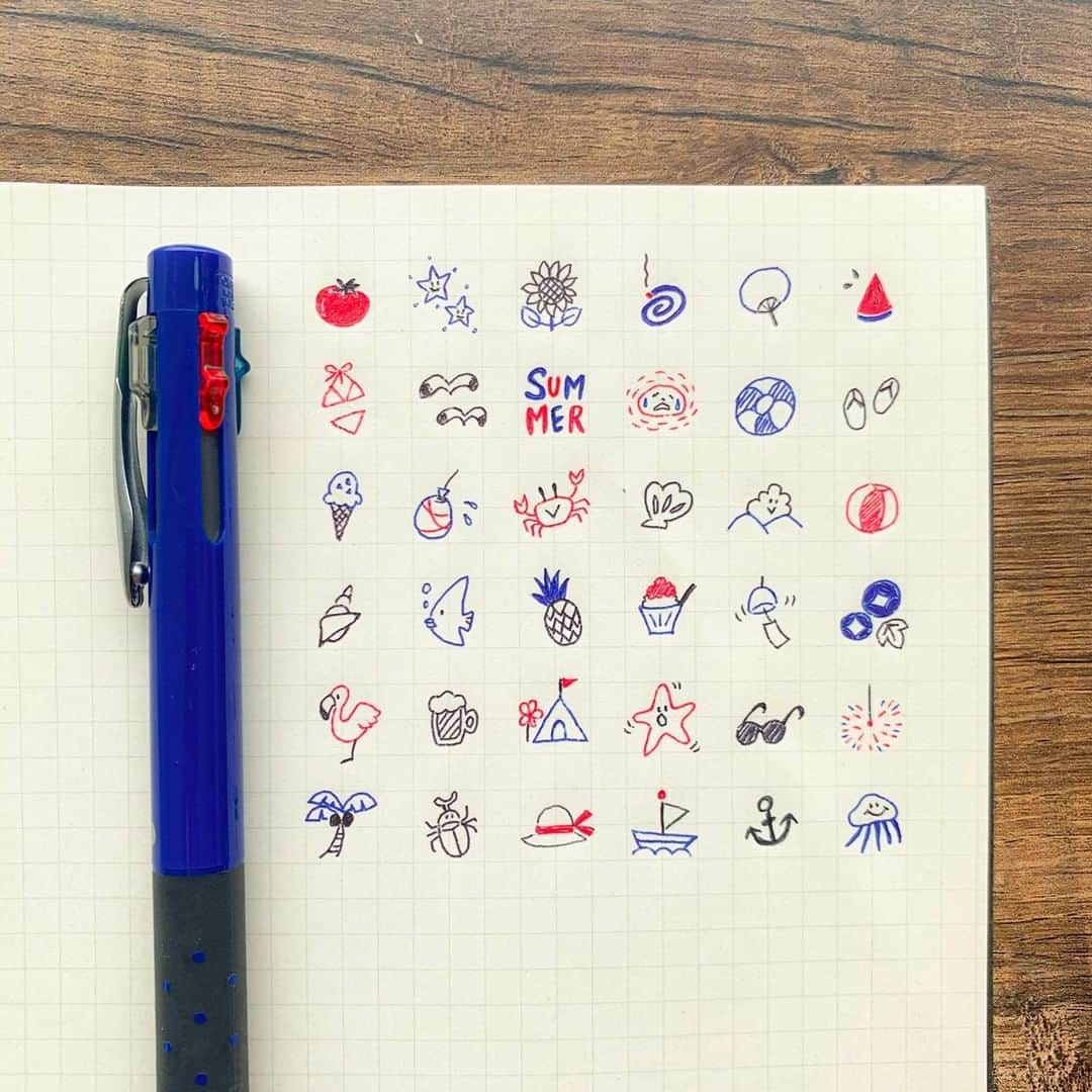 トンボ鉛筆さんのインスタグラム写真 トンボ鉛筆instagram 3色ボールペンアイコン 夏編 ７月になったので 夏のイラストアイコンを描きました ３色ボールペンで気軽に描けるので 手帳やノートのワンポイントイラストとして真似してみてください