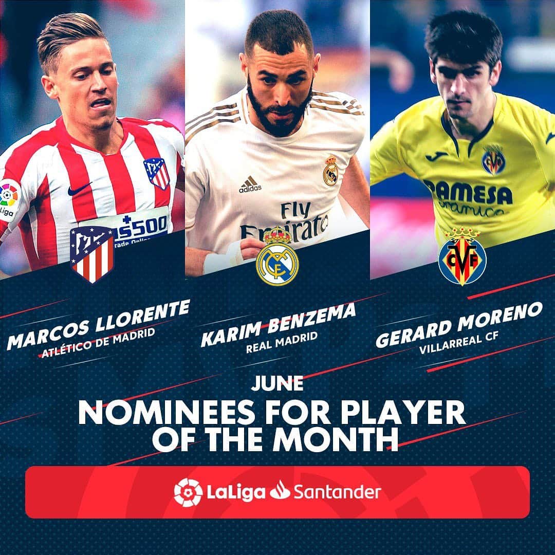 LFPさんのインスタグラム写真 - (LFPInstagram)「They are the nominees for June Player of the Month in #LaLigaSantander! Who's your favourite? ✨ • @marcosllorente, @karimbenzema y @gerard_moreno son los nominados a Mejor Jugador del Mes de junio en #LaLiga Santander. ¿Quién es tu favorito? 🌟 • #Atleti #Llorente #RealMadrid #Benzema #Villarreal #GerardMoreno #Football」7月9日 19時00分 - laliga