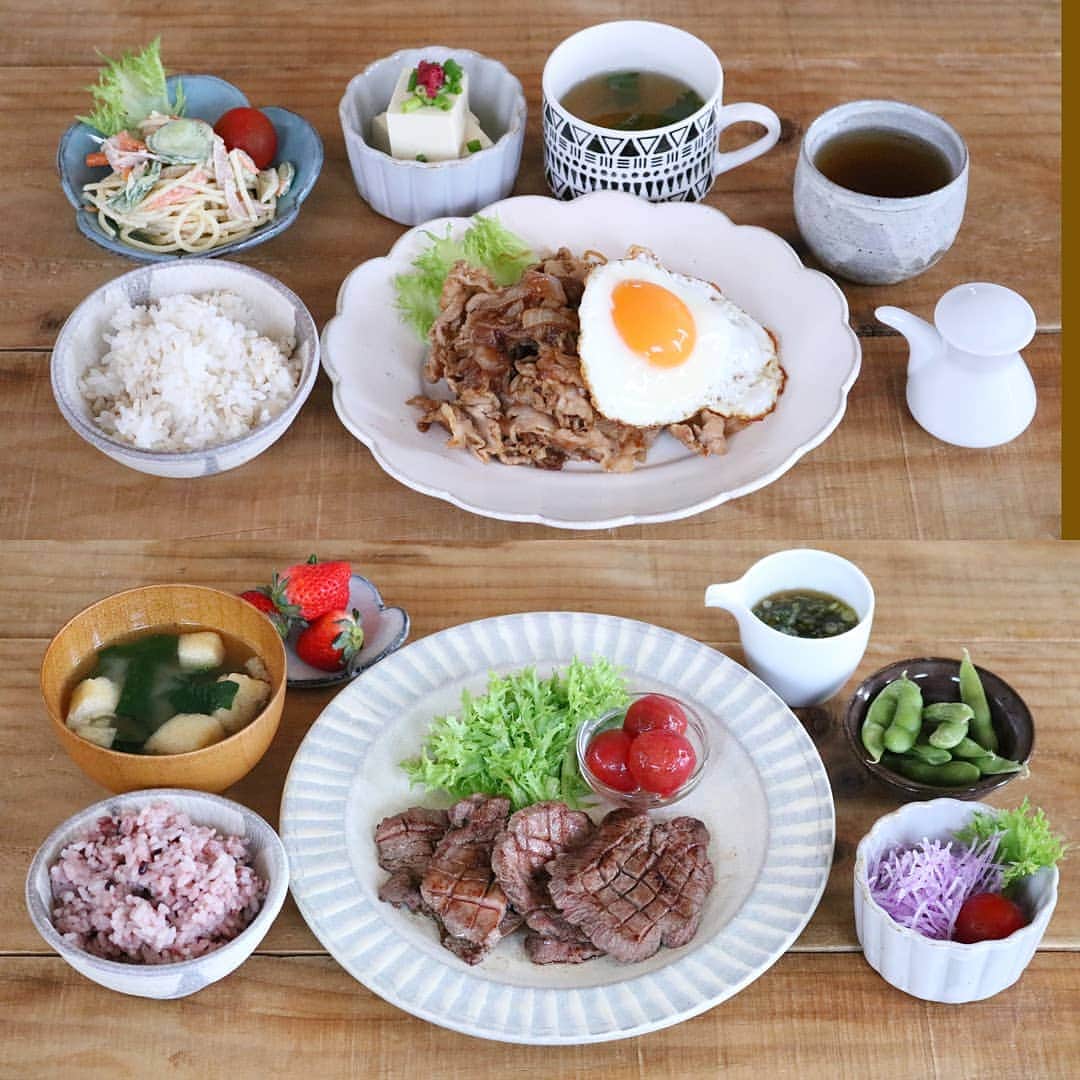 のインスタグラム：「♩ . #まとめて投稿  #ひとりごはん . . 最近、習い事や仕事で 家族の食事時間がバラバラ🏠💦 . . おひとりさまごはんを 準備することが多くなりました👩‍🍳 . . ある日の夜ごはん＆昼ごはん . . 🍚豚のスタミナ焼き目玉焼きのせ スパサラ 冷奴 モロヘイヤのスープ . . 🍚牛タン焼きネギだれ 紫大根のサラダ 枝豆 雑穀ごはん お味噌汁 . . #yunaご飯#lin_stagrammer#kurashiru#delistagrammer#Japanesefood#ロカリキッチン#デリスタグラマー#クッキングラム#クッキングラムアンバサダー#タベリー#フーディーテーブル#Kissカメラ#iegohanphoto#てづくりごはん365#おうちごはん#おうちごはんlover#ママリクッキング#マカロニメイト#おうちごはん通信#キッチングラム#おうちカフェ#夜ごはん#晩ごはん#dinner#小石原焼#翁明窯元#白山陶器#昼ごはん」