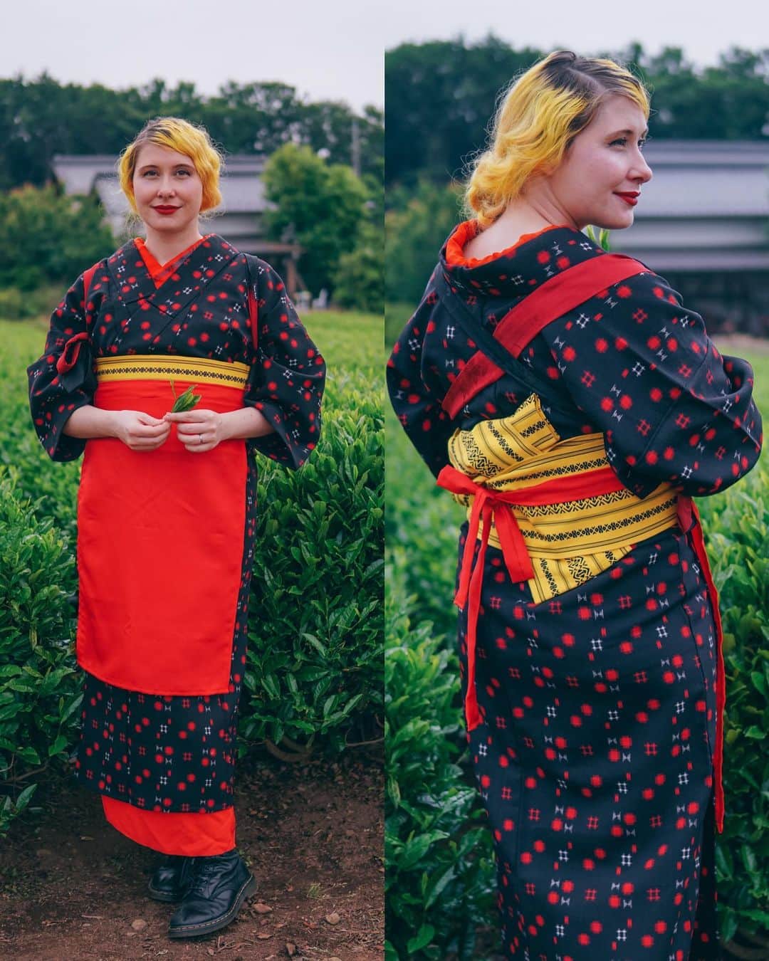 Anji SALZさんのインスタグラム写真 - (Anji SALZInstagram)「Tea lady 🌱 This is close to what the „tea ladies“ wore in the old time when hand picking green tea leaves. Usually a cotton ikat weave kimono hiked up shorter to not spoil it and a red apron and arm and leg covers (not pictured) as well as a tenugui towel wrapped around their head. My husbands relatives grow green tea in Saitama and I had the chance to finally help harvesting. Sayama tea is not as well known as it doesn’t do heavy PR like Shizuoka and Kyoto - however the whole region is growing tea 🍵 My Patrons will receive a small tea package if all goes well 🥰 So excited! 狭山茶はご存知ですか？ 静岡や京都みたいに広告などしてないけど、埼玉県の狭山市はお茶畑ばかりよ🌱 初めてお茶積みの体験ができて、合わせてお茶娘の格好してみた☺️💦 昔も皆さんは絣の着物で作業したことがあって、赤いエプロンでめでたい気持ちにした。着物を汚さないように短く着たり、腕や足をカバーで守って、頭に手拭いを巻きましたね。 私はブーツで行ってみたけどw エプロンは1日前の夜中に縫ってみた😝 ぜひ狭山茶も飲んでみてください。新茶を積んで来たばかりなので美味しいよ！🍵🥰 #mainichikimono #salztokyo」7月9日 23時12分 - salztokyo