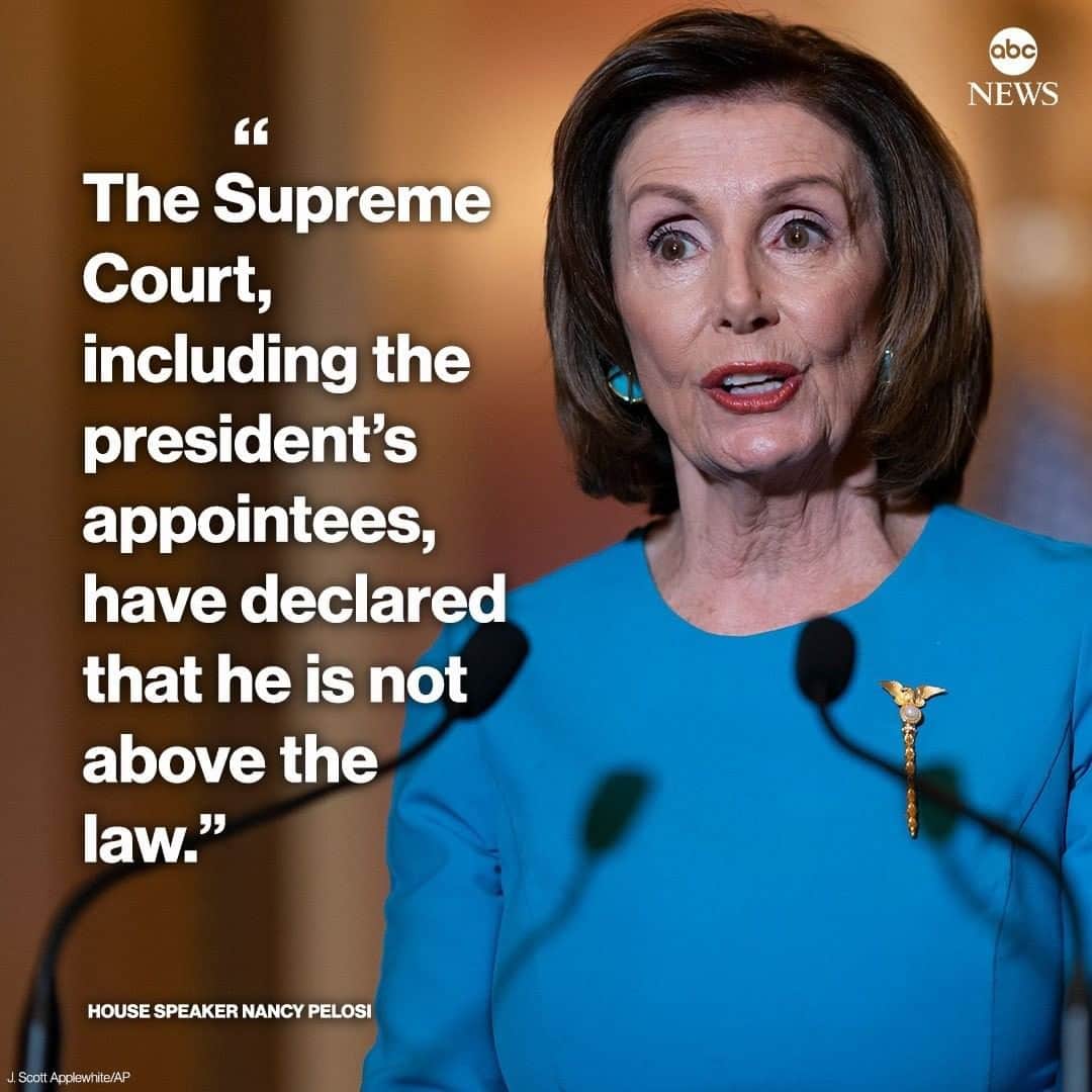 ABC Newsさんのインスタグラム写真 - (ABC NewsInstagram)「NEW: Speaker Nancy Pelosi says to Supreme Court ruling that Pres. Trump cannot block a subpoena for his financial records sought by a New York prosecutor "is not good news for the president."  “The Supreme Court, including the president’s appointees, have declared that he is not above the law.” #supremecourt #nancypelosi #donaldtrump #trumptaxes #trumpfinances」7月10日 0時17分 - abcnews
