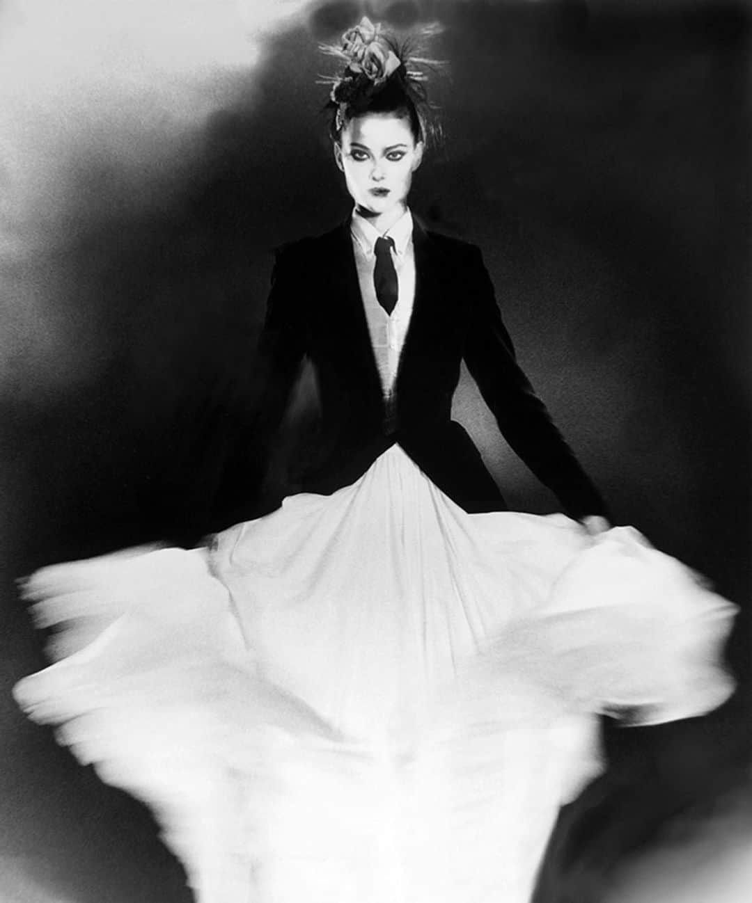 ジル・スチュアートのインスタグラム：「“The excellency of every art is its intensity, capable of making all disagreeable evaporate.” -John Keats . “In Full Swing: Shalom Harlow in Jean Paul Gaultier” by Lillian Bassman for The New York Times Magazine, 1998 . #johnkeats #shalomharlow #lillianbassman #jeanpaulgaultier #gaultier #newyorktimesmagazine #nytimes #nytimesmagazine #1990s #blackandwhite #drama #fashion #photography #inspiration」