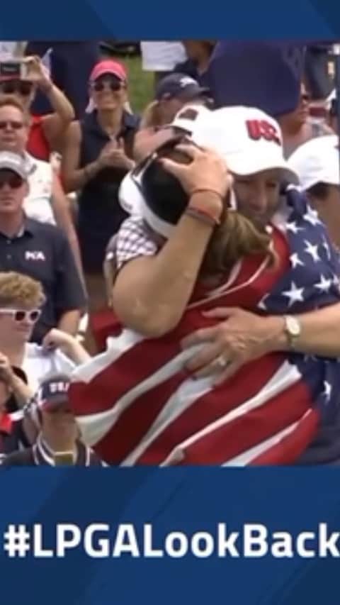 リセット・サラスのインスタグラム：「Walking down memory lane to my favorite moment of my Solheim Cup career. The official moment Team USA retained the 2017 Solheim Cup in Des Moines, Iowa. After securing my victory, my caddie @ben.sosa.5 (who got me through LPGA Q school in 2011) wrapped me in the American Flag. Thank you for being a part of such a special moment with us Benito. @juliinkster that putt was for you Captain 💙❤️」