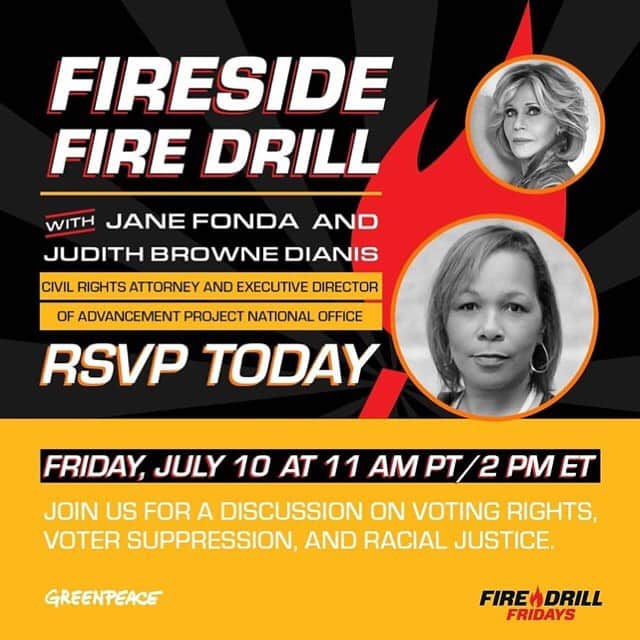 ジェーン・フォンダさんのインスタグラム写真 - (ジェーン・フォンダInstagram)「Repost from @firedrillfriday • THIS FRIDAY.   Join @janefonda, @jbrownedianis, and @greenpeaceusa for a crucial discussion around voting rights, voter suppression, and racial justice in the lead up to the 2020 election.   RSVP at the link in our bio.」7月10日 3時34分 - janefonda