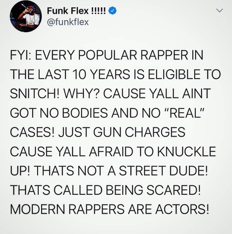 ファンクマスター・フレックスのインスタグラム：「MODERN DAY POPULAR RAPPERS ARE ACTORS! CIVILIANS! THEY REALLY DONT LIVE THE LIFE THEY PORTRAY IN VIDEOS! BY THE WAY THERES NOTHING WRONG WITH THAT! BUT DONT FLIP FLOP BETWEEN GANGSTER AND CIVILIAN! THERES “REAL” DUDES  PUTTING IN STREET WORK LAUGHING AT YALL! #JustMyOpinion」