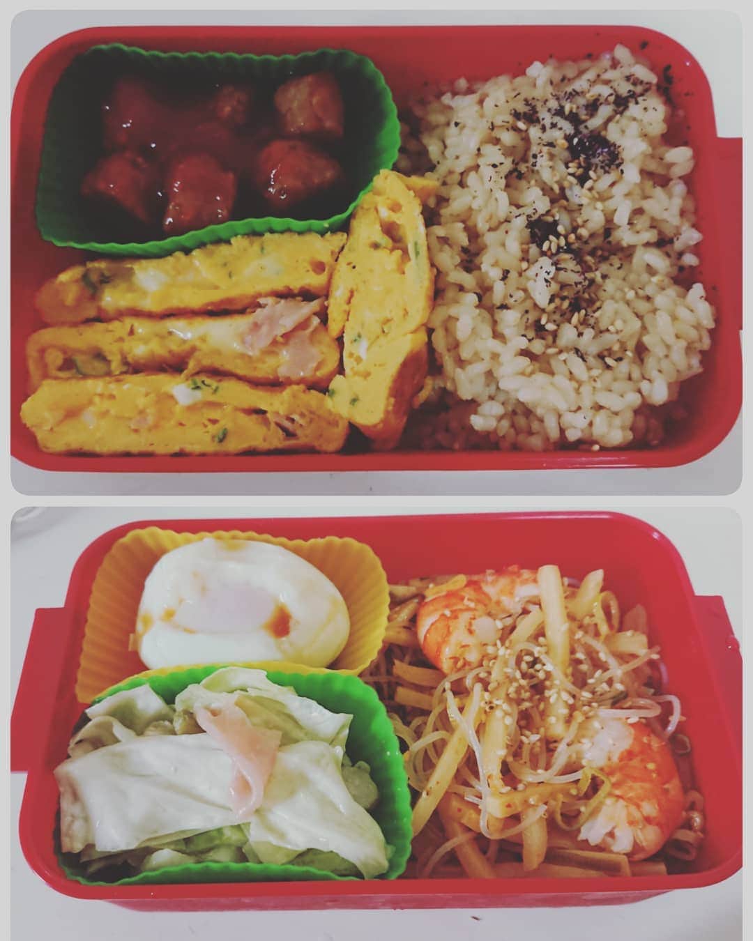 工藤亜耶のインスタグラム：「最近。。お弁当作ります(^O^) 今日はオムレツ弁当！ この前は台風春雨弁当！！  規則正しい生活だと、お腹すく(´Д｀)  高校生の頃、お母さんのお弁当。。 もっとありがたく頂くべきだったなぁ～」