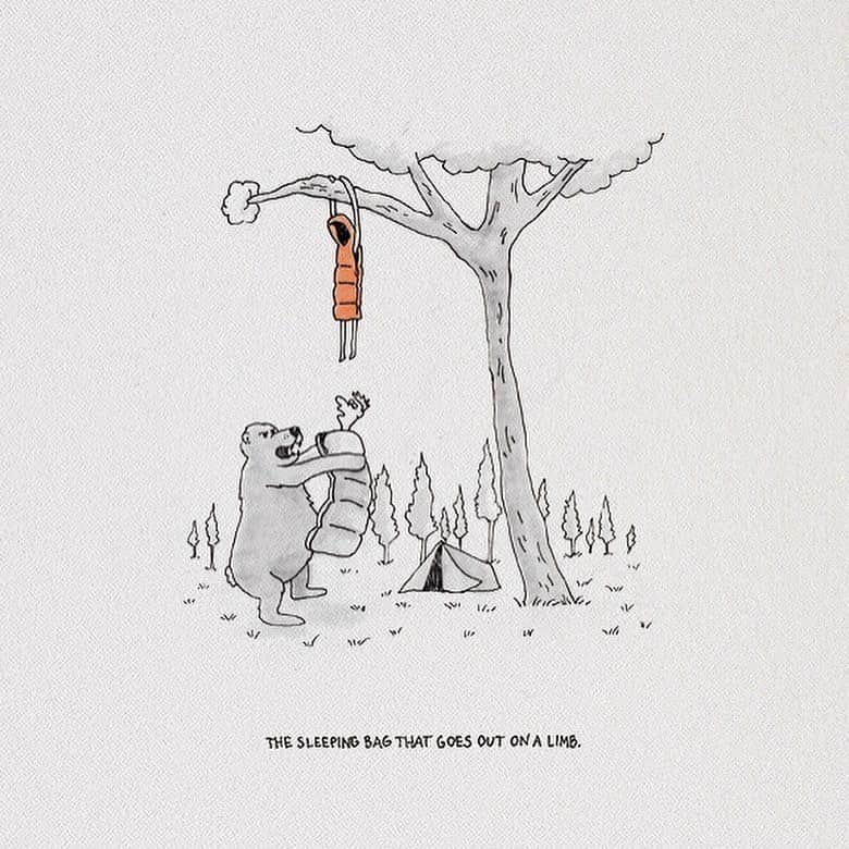 Poler Outdoor Stuffさんのインスタグラム写真 - (Poler Outdoor StuffInstagram)「A series of illustrations depicting a very real experience that prompted us to make a sleeping bag you can run from bears in. You know what they say “you don’t have to be faster than the bear, just faster than your friends who don’t have sleeping bags they can run in” #campvibes #polerstuff」7月10日 10時14分 - polerstuff