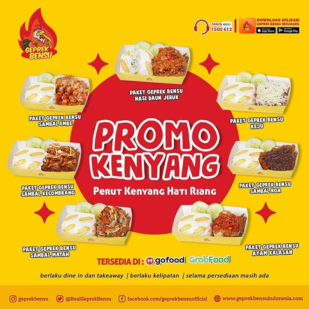 Ivan Gunawanさんのインスタグラム写真 - (Ivan GunawanInstagram)「❗PROMO ALERT❗ Halooo Selamat Pagi Pecinta Geprek . PROMO KENYANG GEPREK BENSU MASIH ADA.. Pesan Sekarang Kenyang Kemudian😉 . Beli 3 Menu Hanya 50.000 aja ( Pilih 3 dari 7  menu yang ada di Gambar) . . PROMO INI BERLAKU SELAMA PERSEDIAAN MASIH ADA di  Outlet Geprek Bensu Kesayangan kalian.  Promo ini juga tersedia juga di GrabFood & Gofood . AYO BELI..... JANGAN SAMPAI KEHABISAN . List Outlet Resmi ada Di Bio @geprekbensu ya. Ingat, hanya dua kata, GEPREK BENSU yang Real by Ruben Onsu. Keluhan Pelanggan & Info lainnya 📞 TANYA OPP 1500 612 • Kunjungi Website www.geprekbensuindonesia.com Juga bisa Download Aplikasi Geprek Bensu di Apps Store & Google Play . . #geprekbensu #promo #promokenyang #senangprodukindonesia  #opp #onsupanganperkasa」7月10日 10時51分 - ivan_gunawan