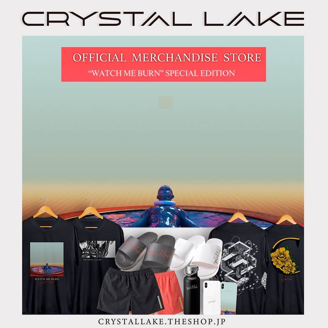 Crystal Lakeのインスタグラム：「【"WATCH ME BURN"SPECIAL EDITION ITEMS】﻿ POP UP STOREがMAGIC ROOMで開催中！﻿ ﻿ 現在の状況を加味して、今回はオンラインでもPOP UP STOREの一部商品を販売します！﻿ ﻿ この後14:00から、期間限定でオフィシャルマーチストアにて販売開始！﻿ ﻿ 是非チェックしてください！﻿ https://crystallake.theshop.jp」