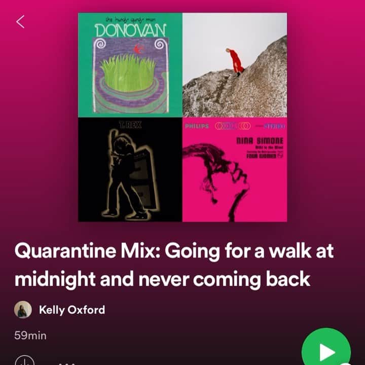 ケリー・オックスフォードのインスタグラム：「I’ve made a new quarantine playlist for you and me. GOING FOR A WALK AT MIDNIGHT AND NEVER COMING BACK. link in stories.」