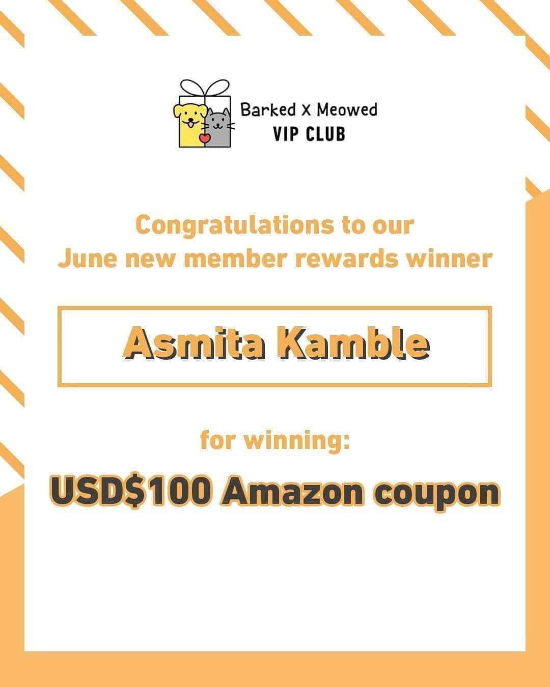 Aww Clubさんのインスタグラム写真 - (Aww ClubInstagram)「Congratulations to Susan Darga Martino and Asmita Kamble for winning the Barked X Meowed VIP Club May and June new member rewards - USD$100 Amazon coupon! Thank you Lucia Ordaz Marquez for referring the most new members in June and you win a USD$100 Amazon coupon too! . Tap link in bio and  join the “Barked X Meowed VIP Club” for FREE now! . Monthly rewards are waiting for you and you might be the next one to win USD$100! 😺 Refer your friends to join for a chance to win an extra $100 Amazon Gift Card! - #meowed @barked #BarkedMeowedVIP#BarkedMeowedVIP #dog #cat #membership #Rewards #BMVIPC」7月11日 0時17分 - meowed