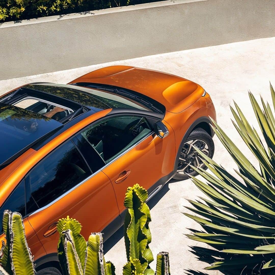 Citroënのインスタグラム：「Open the way! With New Citroën C4 and its panoramic glass sunroof, none of the landscape detail will escape you. Also available in 100% ëlectric. #New #Citroen #Car #Orange #Comfort #Elegance #Design #Fashion #Light #Style #Instacar #Carsofinstagram #Auto」