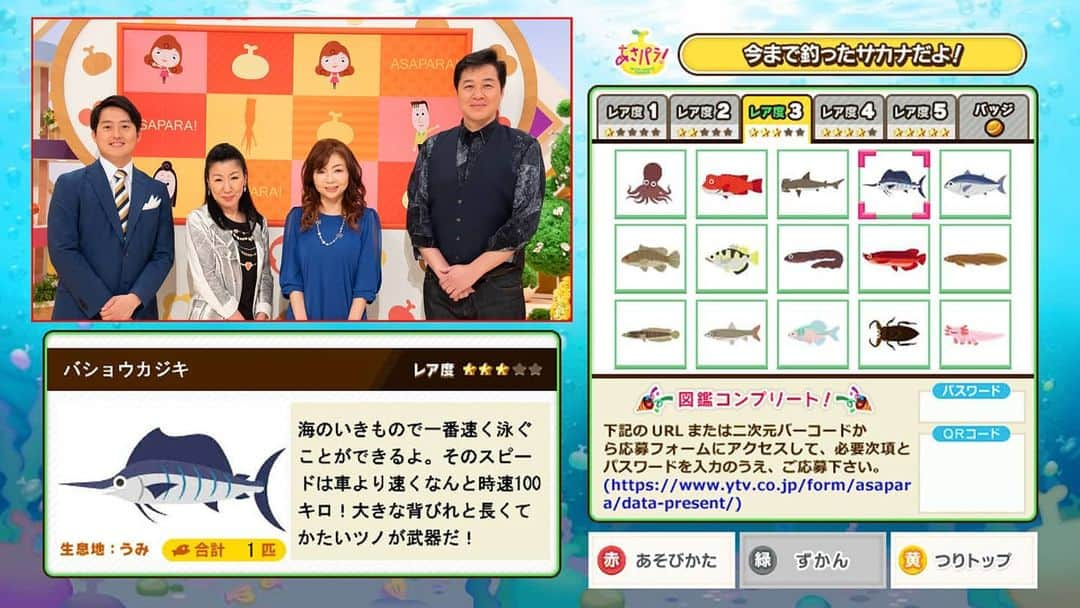 読売テレビ「あさパラ」さんのインスタグラム写真 - (読売テレビ「あさパラ」Instagram)「きょう11日(土)からあさパラ！OA中限定のデータ放送連動『あさパラ！フィッシング』がパワーアップ❗️  世界の珍しい魚もいっぱい🎣 1万円分の商品券や、番組特製クオ・カードも当たるチャンスが😁  詳しくは‥あさパラ！OA中にリモコンdボタンをプッシュ‼️  #あさパラ #土曜朝9時25分 【出演者】 #ハイヒール #川合俊一 #千原せいじ #藤崎マーケット #中野雅至 #嵩原安三郎 #長谷川まさ子 #宮沢孝幸 #平松翔馬」7月11日 0時24分 - asapara_ytv