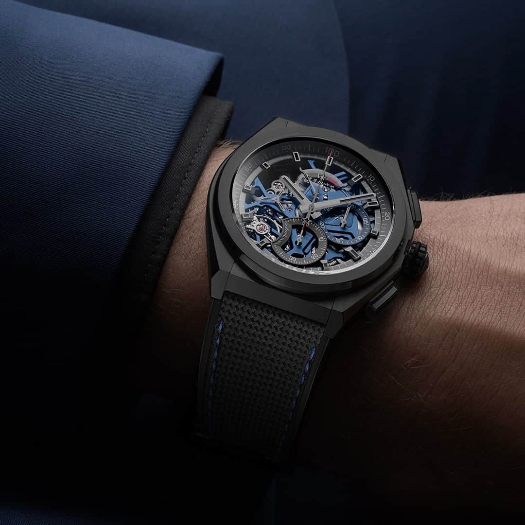 ゼニスのインスタグラム：「#Defy21: A blackened backdrop for an electrifying blue 1/100th of a second chronograph movement: DEFY 21 Black Ceramic Boutique Edition, the fastest Chronograph.  #Zenith #ZenithWatches #Watches #Watch #Watchesofinstagram #Watchfam #WatchoftheDay #Luxury #WatchAddict #Watchcollector #Horology #DailyWatch #ElPrimero #Chronograph #VintageWatches」