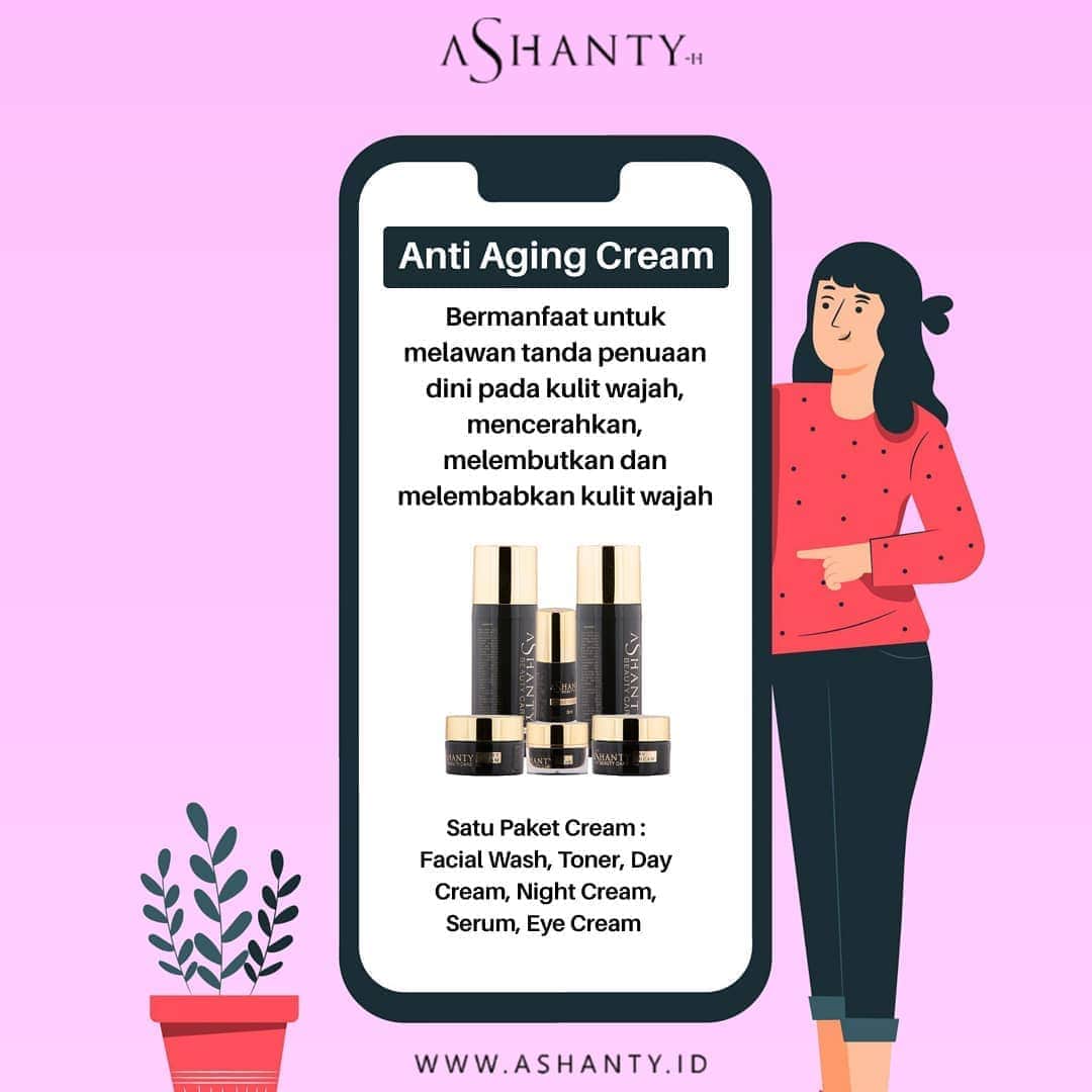 ASHANTY BEAUTY CREAM OFFICIALのインスタグラム：「Hi Ladies,  sejak usia 25 tahun keatas sudah saatnya kamu menggunakan Anti Aging Cream yang bermanfaat untuk melawan tanda penuaan dini pada kulit wajah seperti kerutan,  keriput,  garis halus dan flek hitam.  Anti aging cream juga bermanfaat untuk mencerahkan,  melembutkan dan melembabkan kulit wajahmu.  Pesan sekarang juga yuk dan dapatkan hasil kulit idaman 🥰」