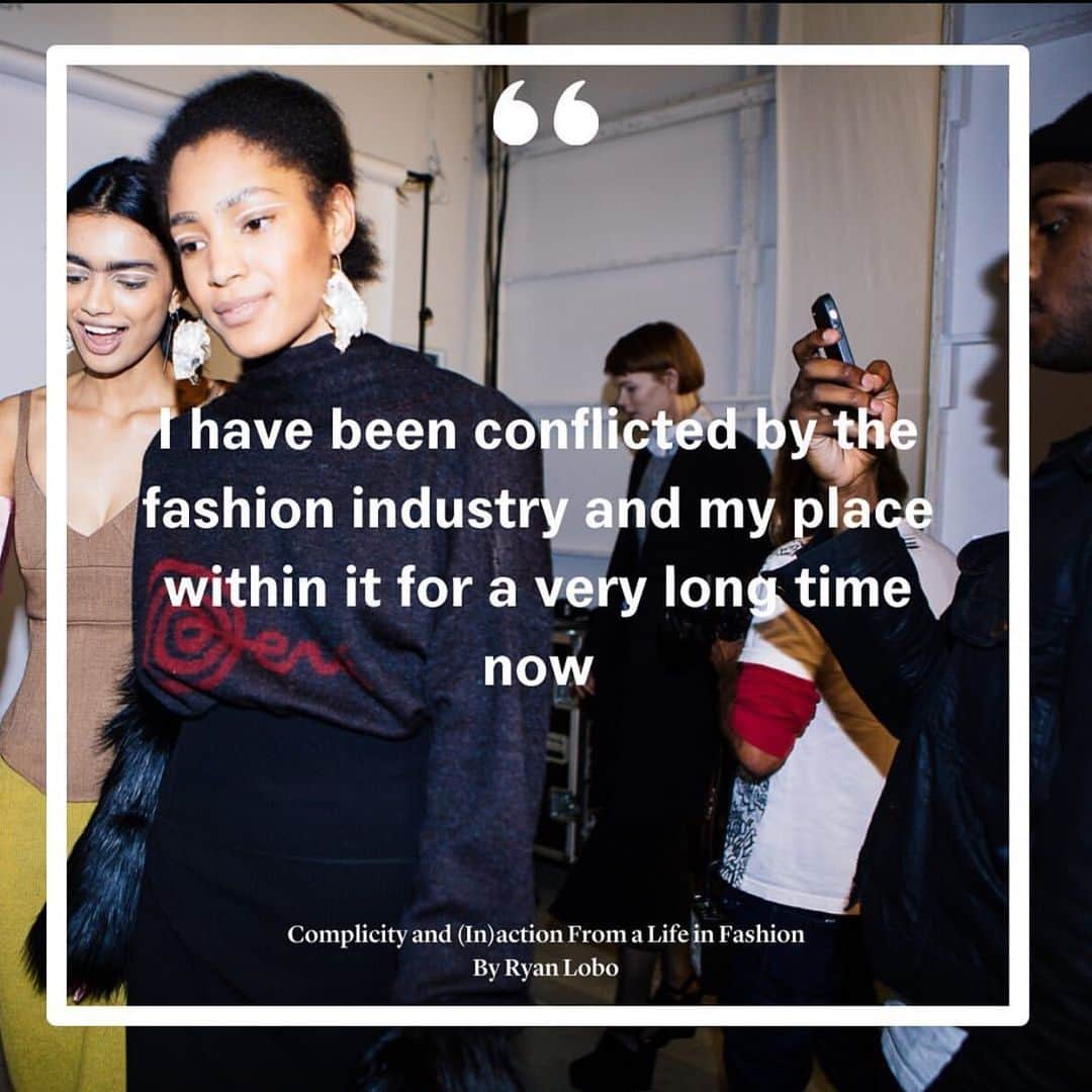 のインスタグラム：「#repost @thefrontlash 👆🏽Co-founder of @Tome, Ryan Lobo, reflects on a life in fashion and how we can do better in the future than we have in the past.   Head to link in bio to read the full story ✍🏻 COMPLICITY AND (IN)ACTION from a life in fashion   Thank you to long time friend @lauraleajones editor of #thefrontlash for her brilliant guidance and for making space for this and so many stories and to @pacificspecific for thoughtfully and tirelessly editing the piece to help me actually appear as a writer! This short essay is about complicity and silence around racism in the fashion industry. This is a work in progress and so am I. Much more to come...」