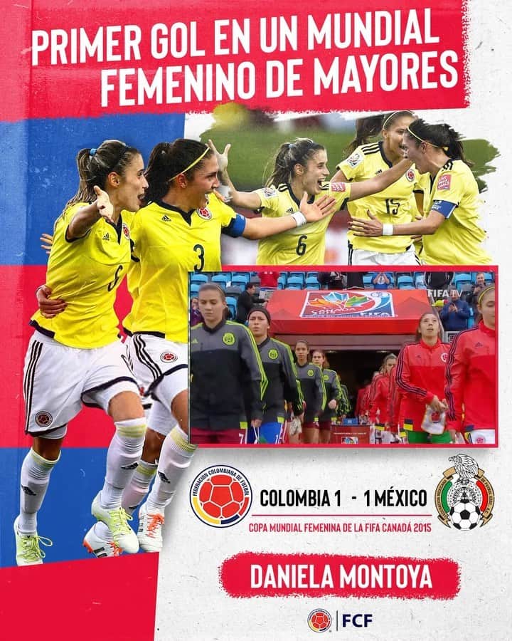 サッカー コロンビア代表チームのインスタグラム：「¿Sabes quién fue la primera jugadora en marcar un gol en un Mundial Femenino de mayores? 🤔   Recordamos este golazo de @danielamontoya06 en el empate 🇨🇴 1️⃣-1️⃣ 🇲🇽 en el Mundial Femenino de la FIFA Canadá 2015.   ⚽️🔥」