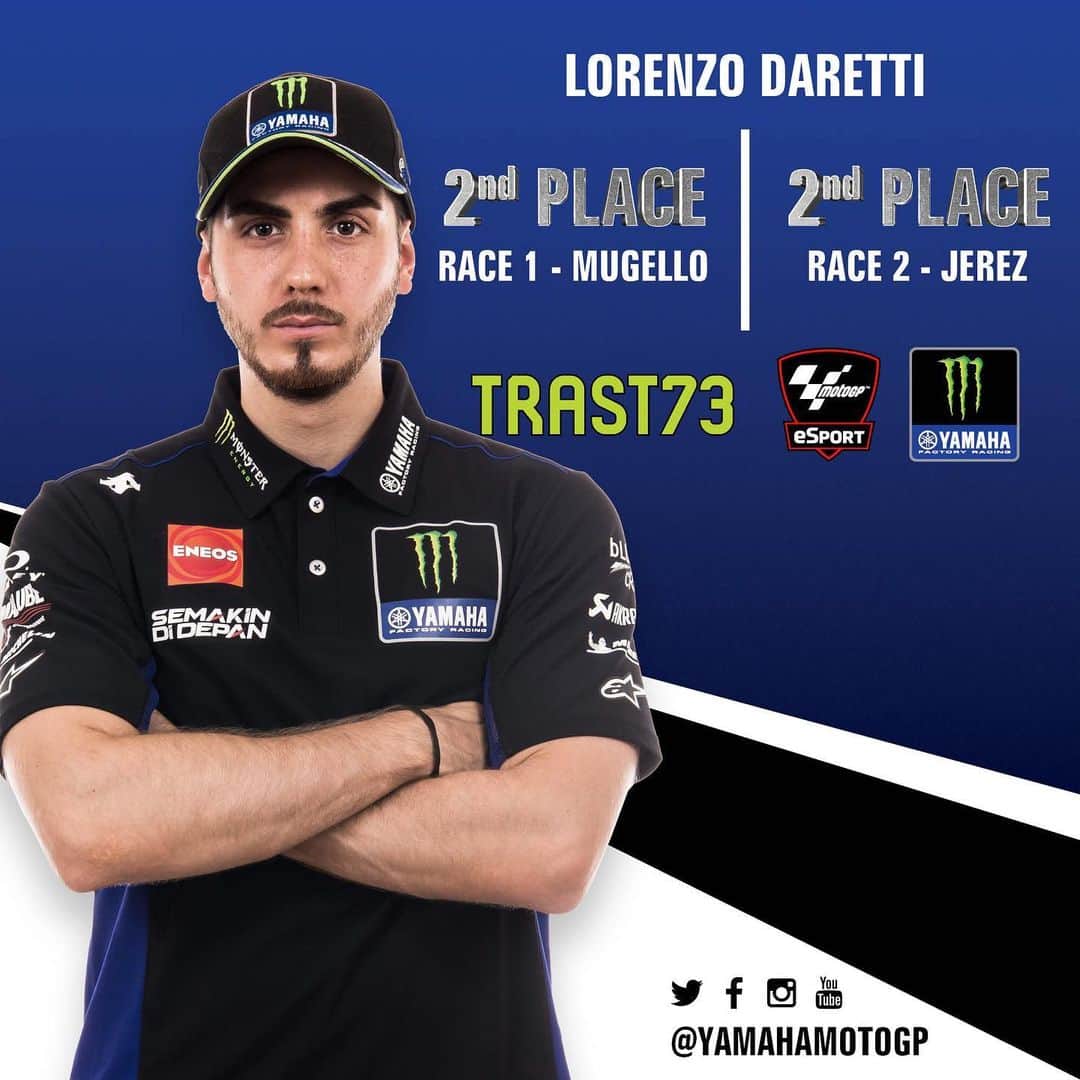 のインスタグラム：「A great performance from @73trast! 👏  . He withstood the pressure that comes with the live @motogpesport Global Series events. In Round 1, the Italian secured two solid second places in Race 1 and Race 2 🥈  . . #MonsterYamaha  #MotoGPeSport  #73Trast  #Trastevere73」