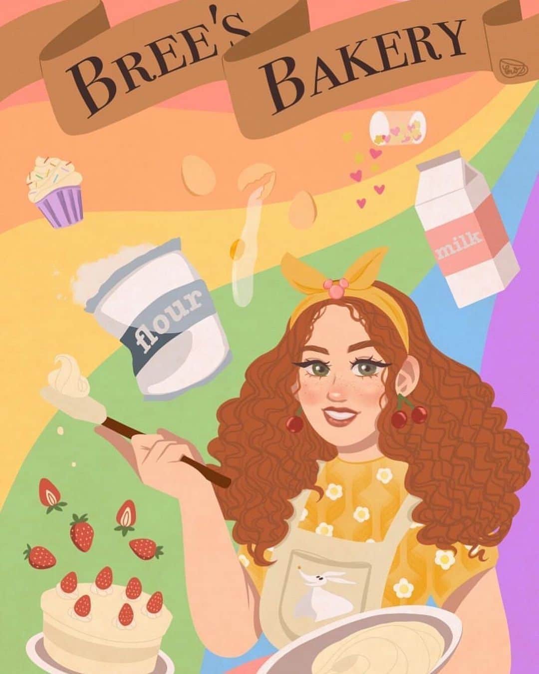 ブリー・キッシュのインスタグラム：「another commissioned piece from @matthew_serrano for our one year anniversary 🥺 he loves to cook and i love to bake so he had @teaandtapestries make this for our kitchen when we move in together 😭🌈✨🍓🍰 THE DETAILS! i love him i love him i love him」