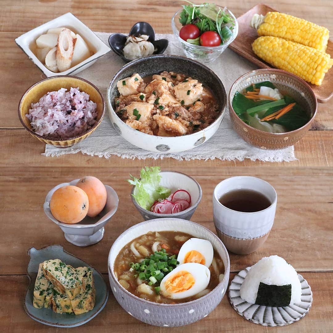 のインスタグラム：「♩ . #まとめて投稿 #ひとりごはん  . . 🍚麻婆豆腐 水餃子スープ カブとちくわの煮物 カブの昆布漬け サラダ 雑穀ごはん スイートコーン🌽 . . 🍚カレーうどん ニラ玉 おにぎり 大根とじゃこの酢の物 びわ . . #yunaご飯#lin_stagrammer#kurashiru#delistagrammer#Japanesefood#ロカリキッチン#デリスタグラマー#クッキングラム#クッキングラムアンバサダー#タベリー#フーディーテーブル#Kissカメラ#iegohanphoto#てづくりごはん365#おうちごはん#おうちごはんlover#ママリクッキング#マカロニメイト#おうちごはん通信#キッチングラム#おうちカフェ#夜ごはん#晩ごはん#dinner#小石原焼#翁明窯元#上鶴窯」