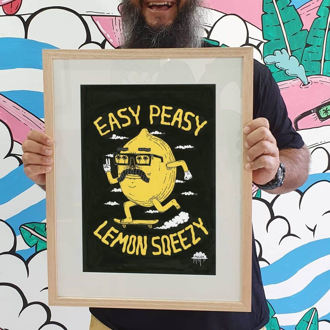 MULGAさんのインスタグラム写真 - (MULGAInstagram)「🍋EASY PEASY LEMON SQUEEZY🍋⁣⁣ ⁣⁣ Whoot whoot! New lemon inspired merch has hit my store. Hoodies, tees and longsleeve tees for adults and kids. Also available as canvas prints and the one of a kind original artwork.⁣ ⁣ The story of Lomax the Lemon ⁣⁣ ⁣⁣ Once there was a lemon called Lomax the Lemon and he was born with little gloves on and a natural affinity for skateboarding. When he was young Lomax and his buddies were skateboarding one time at an abandoned supermarket and they found a tunnel that led to an underground lake that had a pirate ship on it and it was filled with heaps of treasure but then some baddies tried to come and steal all the gold but they fought them off with their skateboards and sailed the ship out to sea to a magical island that was filled with contoured concrete and perfect for skateboarding on. It was called Skate Island and there was one kid living there called Rufio and he had a sweet mohawk and could skate heaps good and he let them stay there skating around and doing sweet tricks and stuff.⁣⁣ ⁣⁣ The End⁣⁣ ⁣⁣ #mulgatheartist #skateart #lemon #easypeasylemonsqueezy #lemonart #mulgatheartistshop #originalart」7月12日 15時41分 - mulgatheartist