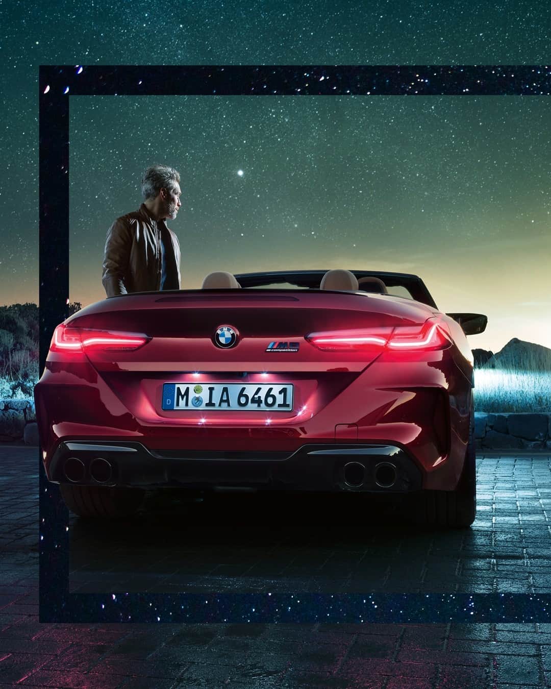 BMWのインスタグラム：「Elegance shines through the night sky. The BMW M8 Competition Convertible. #TheM8 #BMW #M8 #BMWM __ BMW M8 Competition Convertible: Fuel consumption in l/100 km (combined): 10.8. CO2 emissions in g/km (combined): 246.  Further information: www.bmw.com/disclaimer. Acceleration (0-100 km/h): 3.3 s. Power: 460 kW, 625 hp, 750 Nm. Top speed (limited): 250 km/h (with optional M Drivers Package: 305 km/h).」